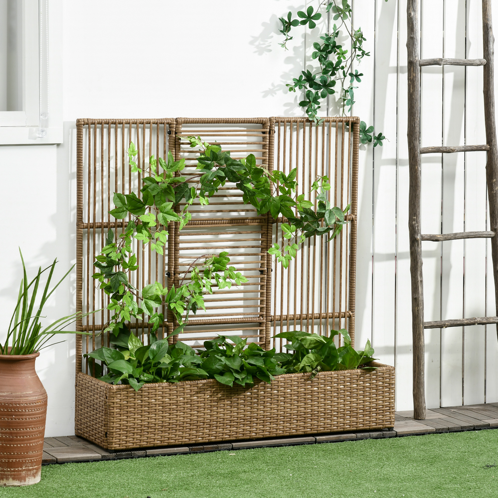 Blumenkasten mit Spalier, wetterfest, Polyrattan, 103 x 103 x 29 cm, Sandfarbe