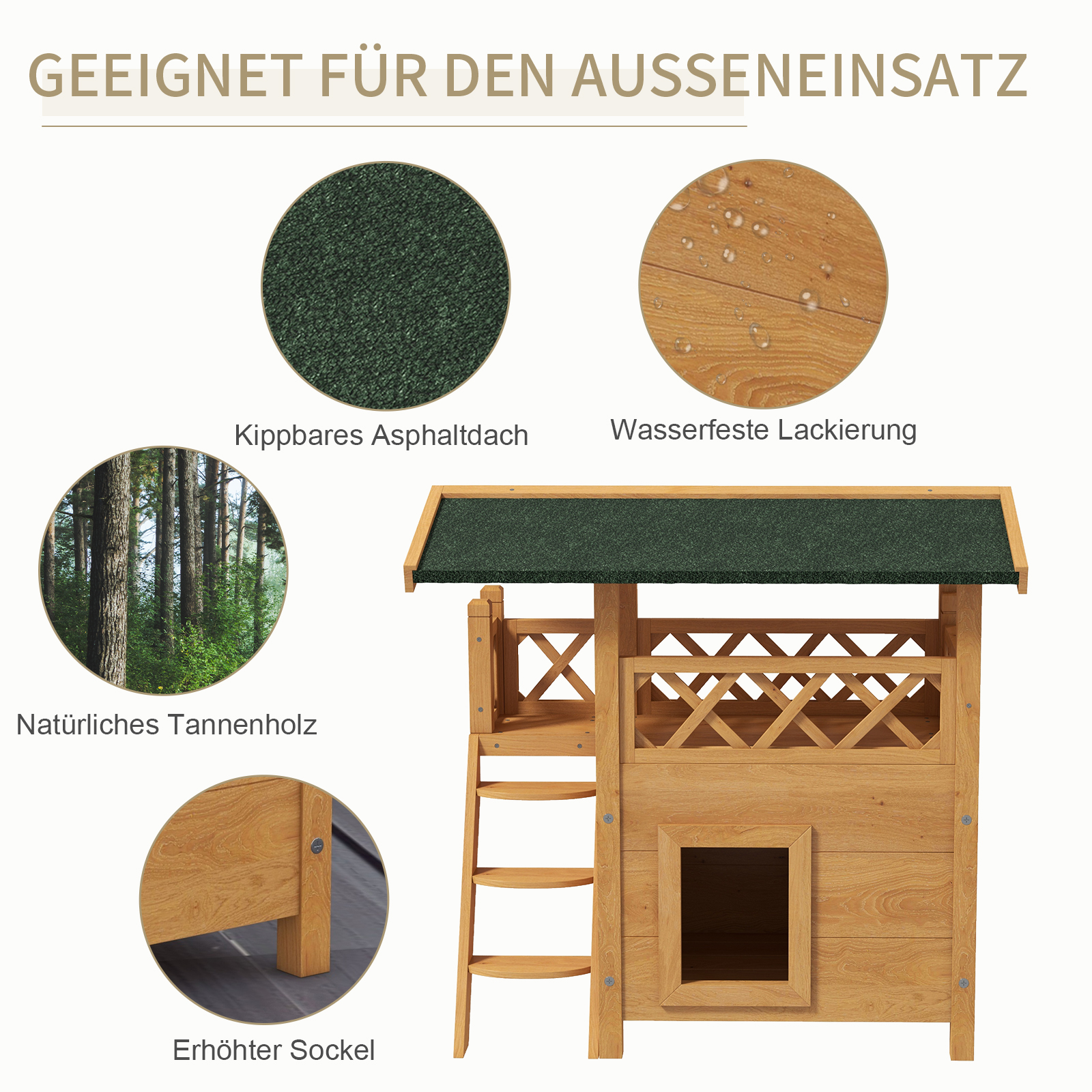 Katzenhaus Katzenhütte Haustierhütte, Asphaltdach, 2 Ebenen, 1 Leiter, Natur + Grün