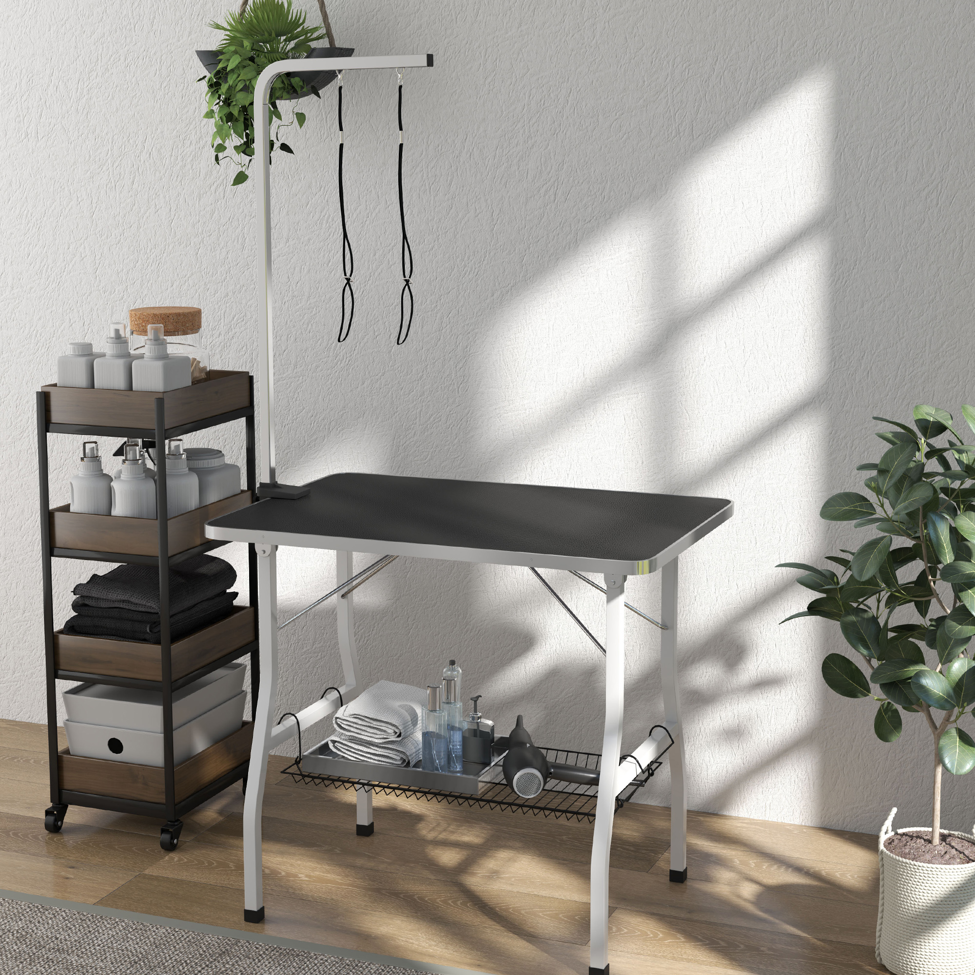 Hundepflegetisch, Frisiertisch mit einstellbarem Arm, Aufbewahrungsfach, Gummioberfläche, 90 x 60 x 76 cm, Schwarz