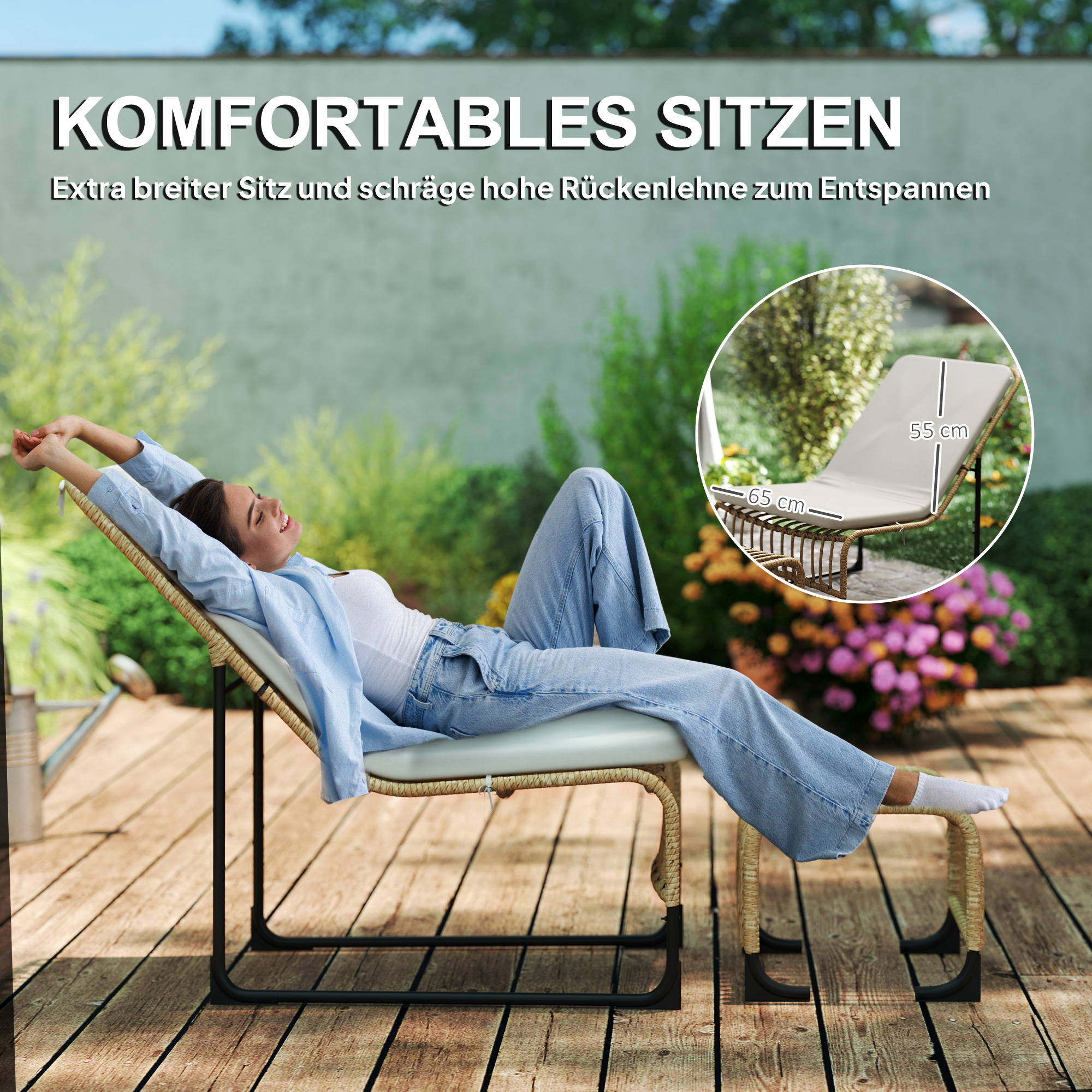 Rattan Relaxsessel mit Fußhocker UV-beständig Gartensessel mit Kissen Bänder 65 x 93 x 80 cm Naturholz