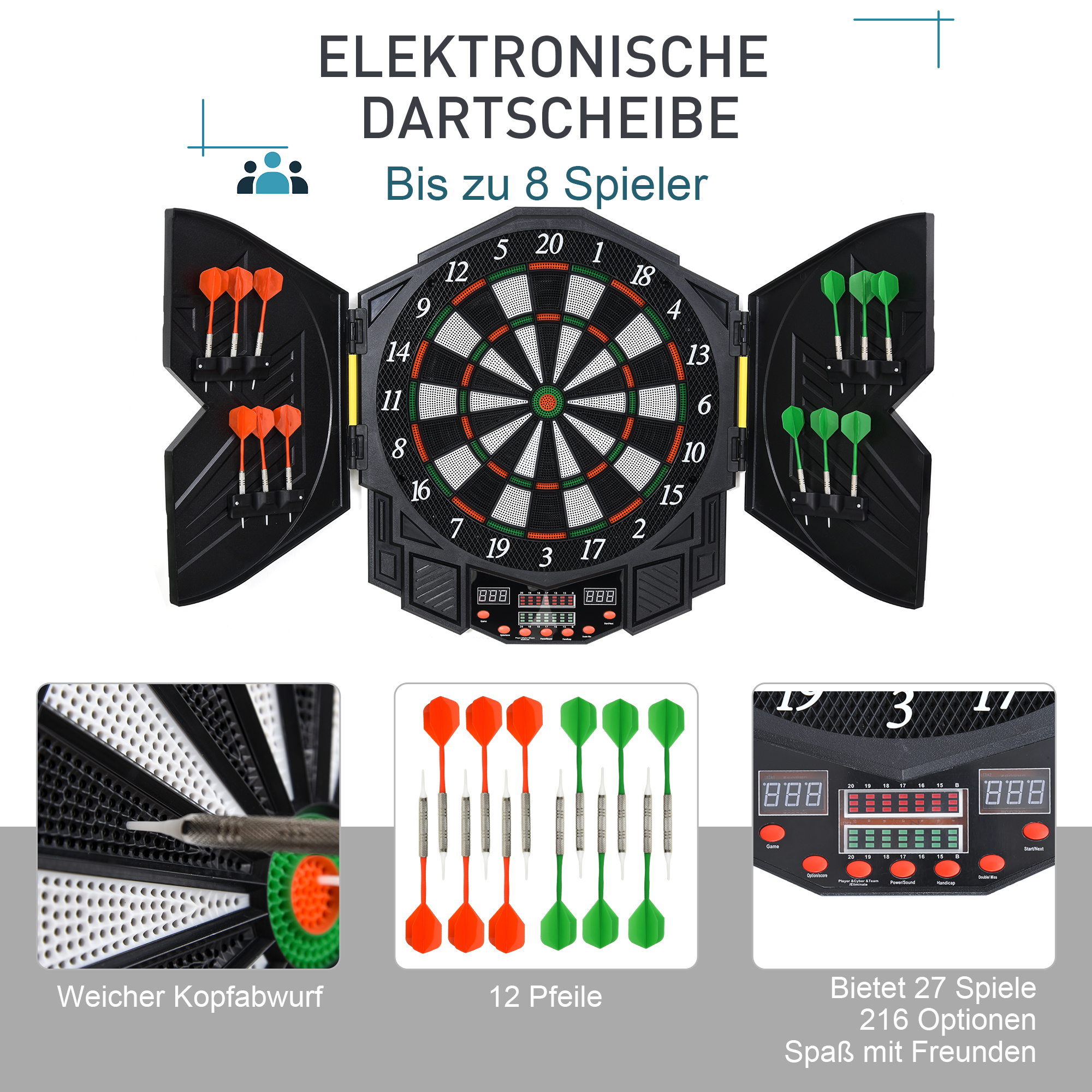 SPORTNOW Elektronische Dartscheibe Dartboard mit Sprachansagen Englische Stimme LED-Anzeigen 12 Darts 27 Spiele 216 Varianten Dartautomat mit Türen Dartscheibe Set für bis zu 8 Spieler