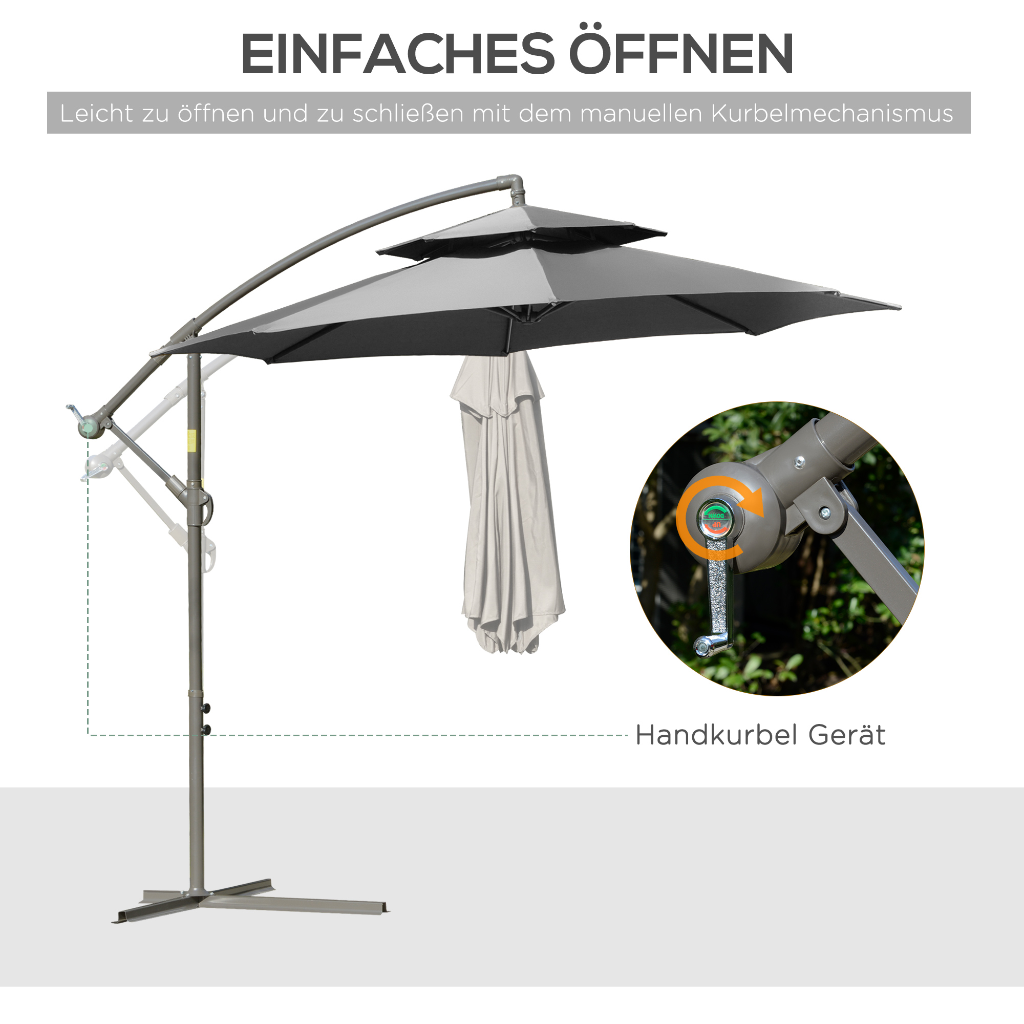 Sonnenschirm Ampelschirm Ø2,67 x 2,45 m Kurbelschirm mit Doppeldach Kreuzbasis Stahl Outdoor Sonnenschutz Polyester Stahl Hellgrau