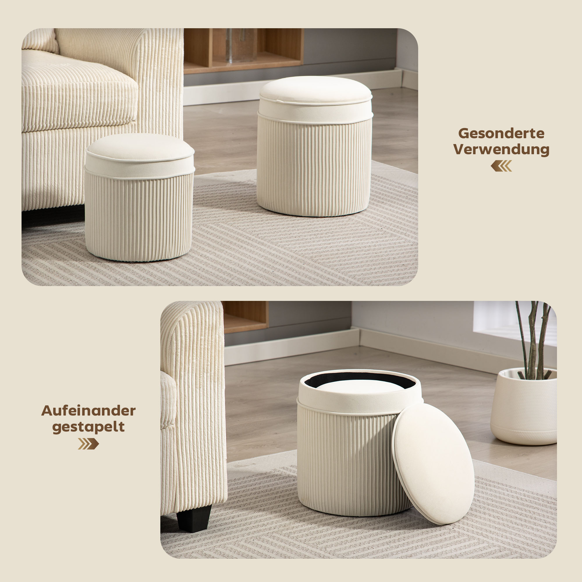 2er Set Sitzhocker mit Stauraum Hocker mit Deckel, Runder Fußhocker mit Samtoptik 36 x 36 x 41,5 cm Cremeweiß