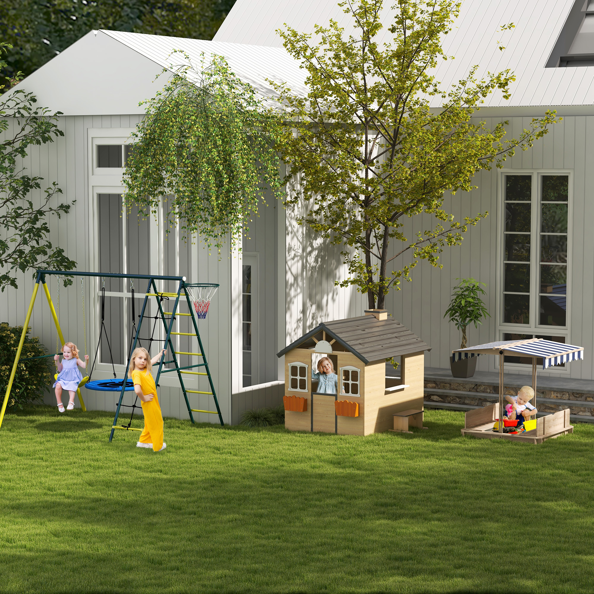 Spielhaus Kinderspielhaus aus Holz mit Tür Fenster Briefkasten Blumentopfrack Gartenhaus für Jungen und Mädchen 3-7 Jahre Kinderspielzeug für Outdoor & Indoor Natur