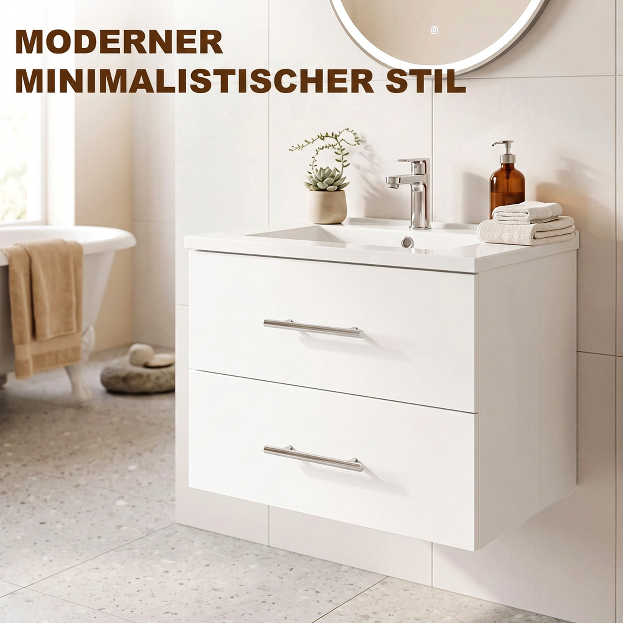 Waschbeckenunterschrank für Wandmontage Badezimmer Unterschrank mit Keramikbecken 60 cm Weiß