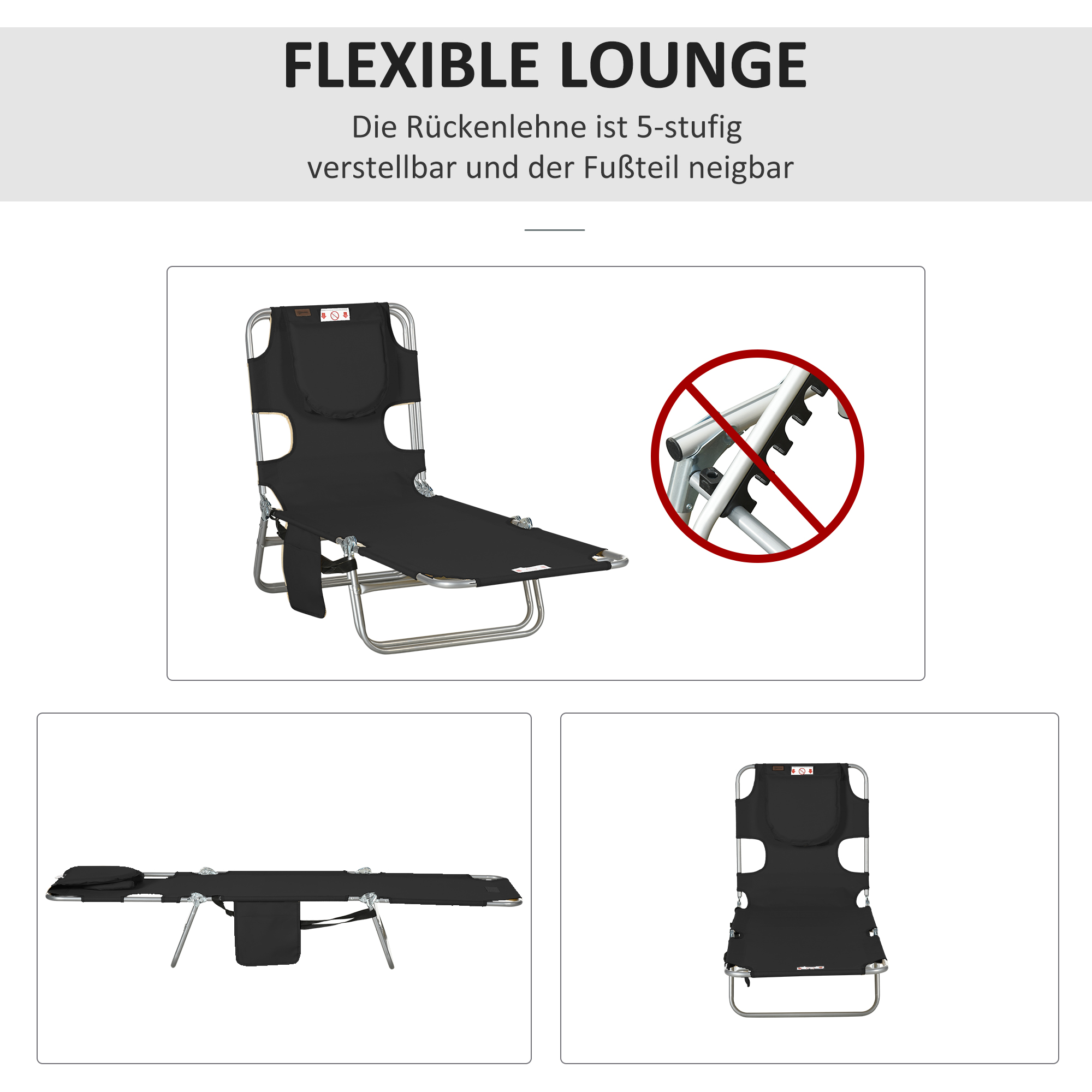 Gartenliege, Liegestuhl mit gepolsterter Gesichtsöffnung, Massage-Liege für draußen, Seitentasche, Stoff, Metall, Schwarz