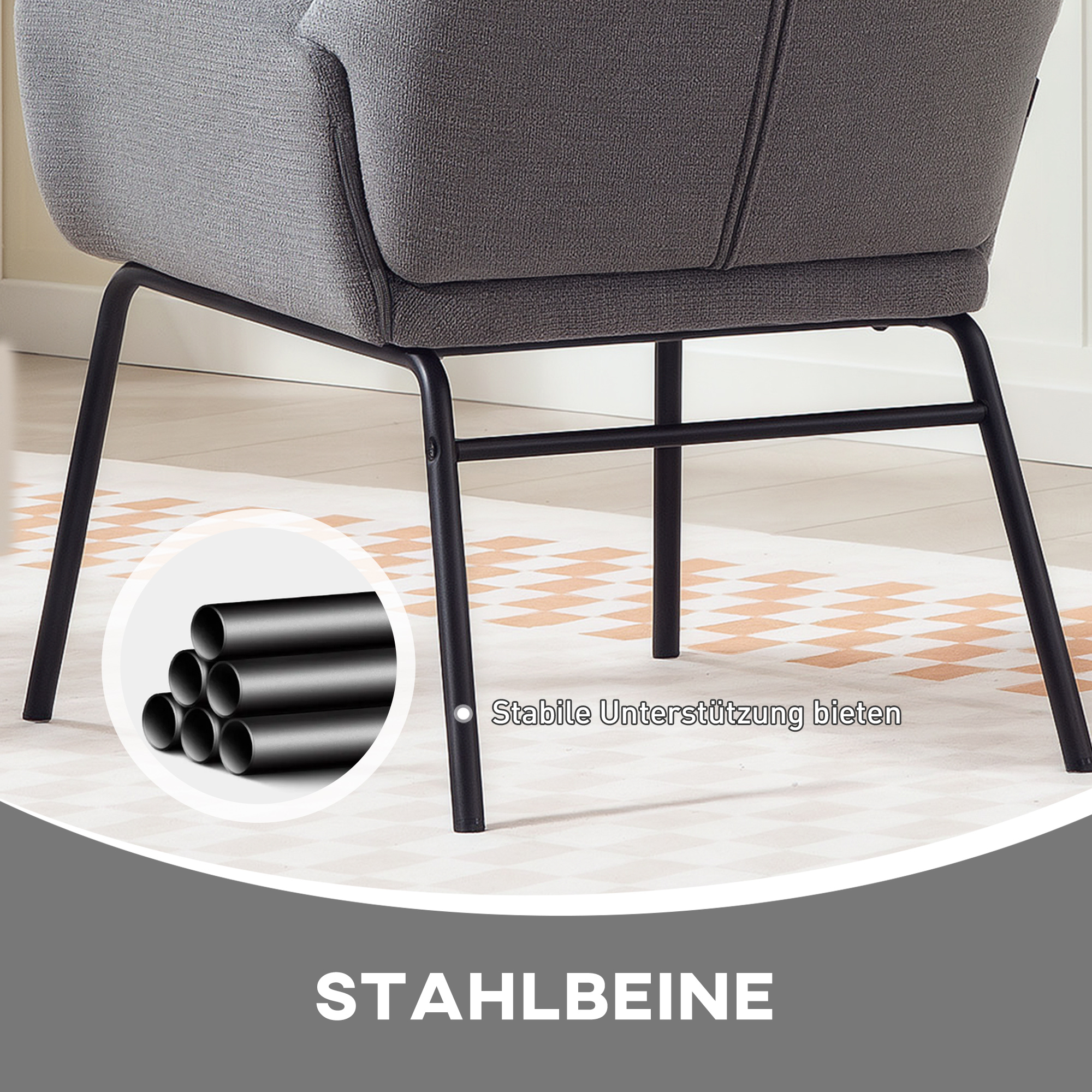 Moderner Polsterstuhl im Ohrenbacken-Stil, hohe Rückenlehne, dicke Polsterung, Metallbeine, Grau