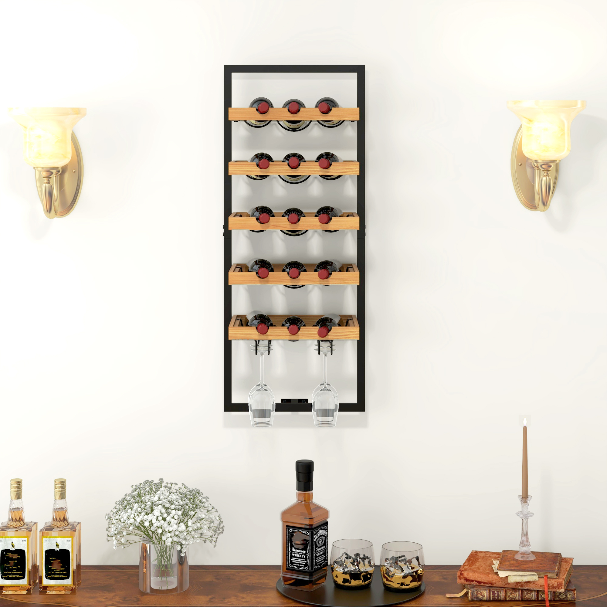 Wand-Weinregal, 5 Ebenen, Flaschenhalter, Gläserhalter, Kiefernholz, Stahl, Hausbar, Küche, Wohnzimmer, Braun