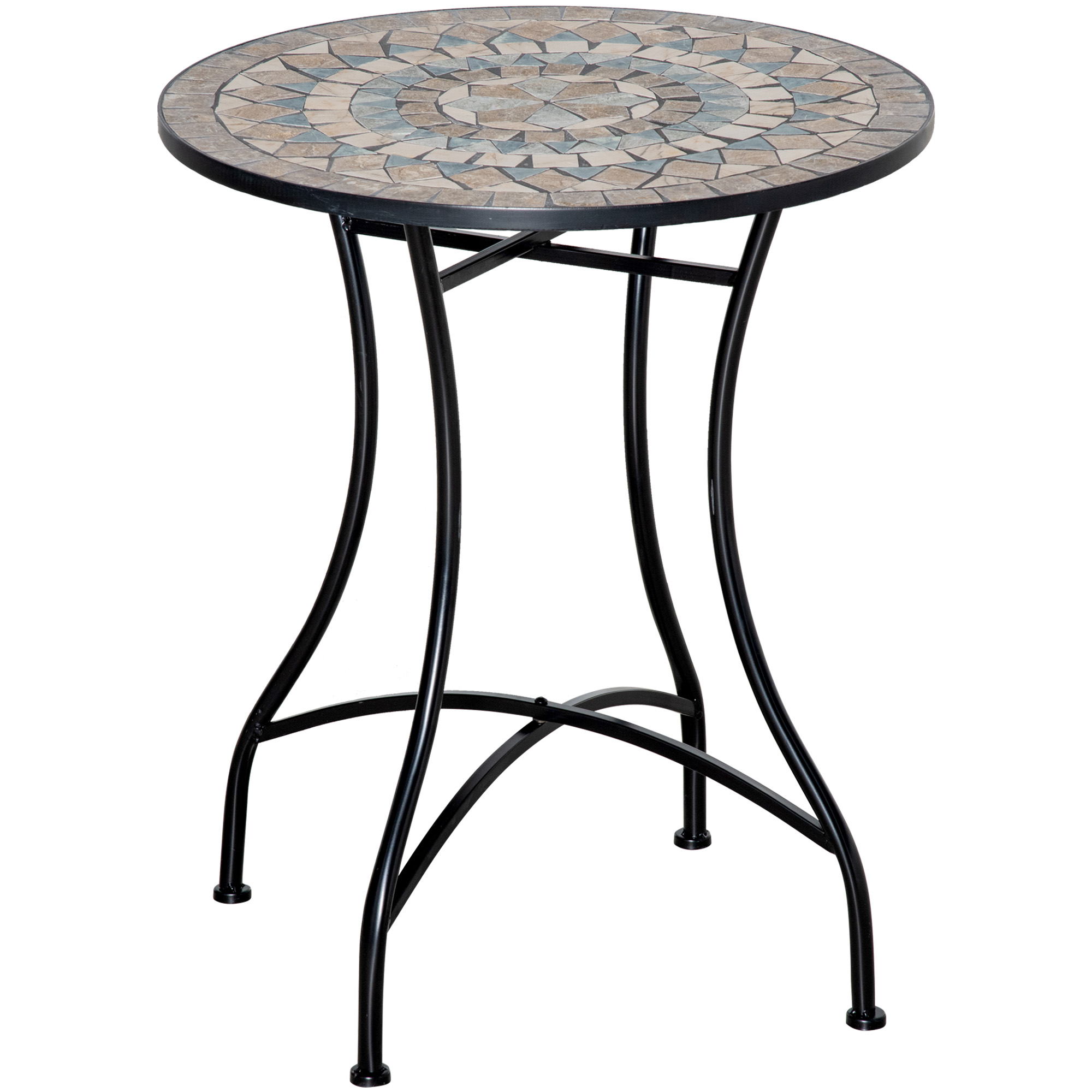 Gartentisch Mosaiktisch rund Bistrotisch Beistelltisch mit Mosaikplatte Keramik Metall Grün+Beige+Weiß Ø60 cm