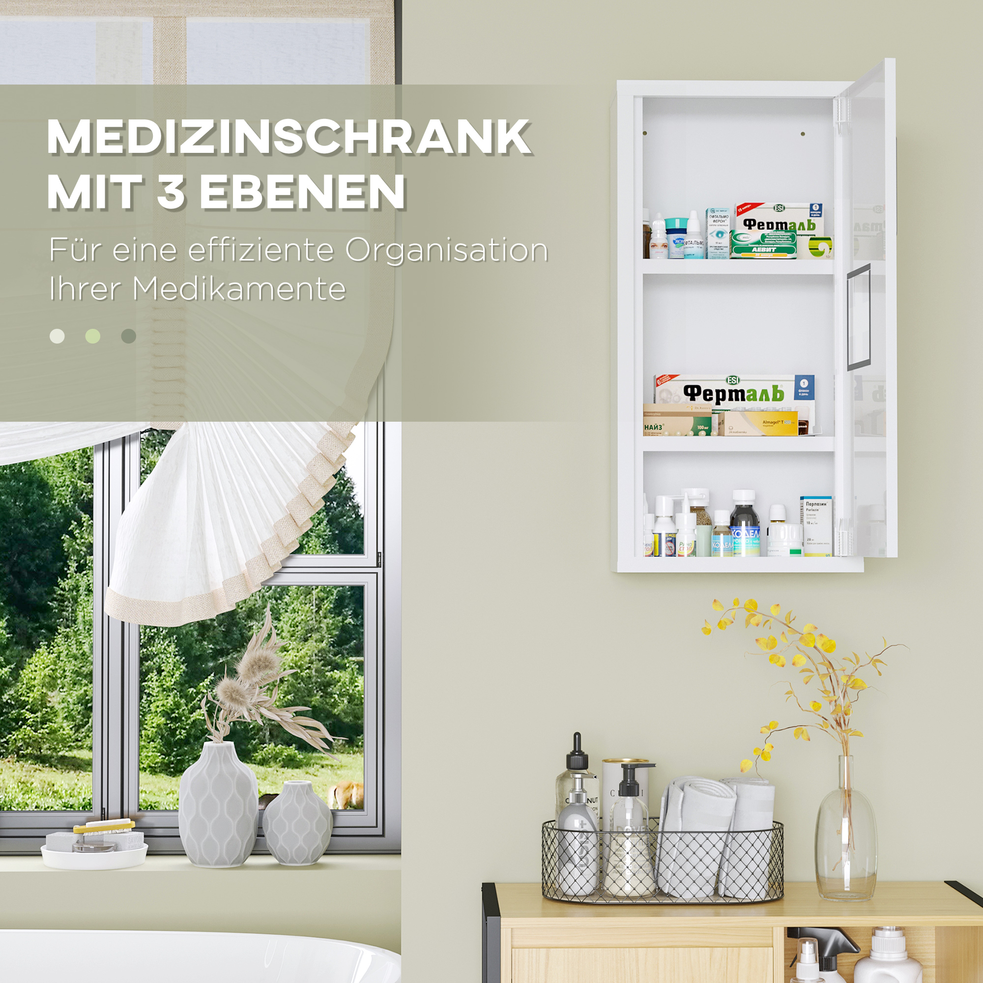 Medizinschrank, 3 Innenfächer, Magnetverschluss, Kreuzsymbol, Stahlgehäuse, weiß, 30 x 12 x 60 cm