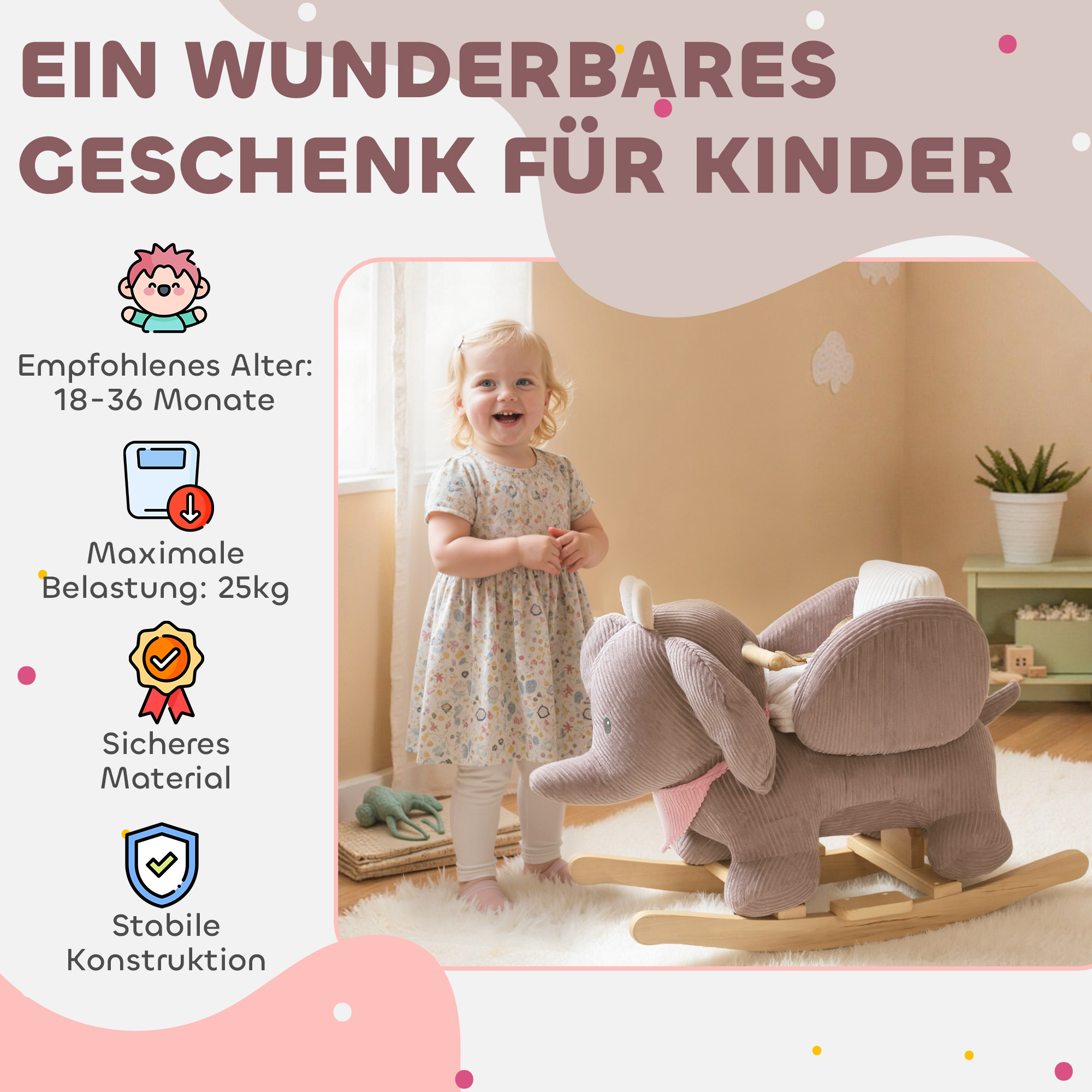 Schaukeltier, Elefant-Schaukel, interaktive Tiergeräusche, Holzrahmen, für Kinder 1,5-3 Jahre, 65 x 32 x 49 cm, Braun