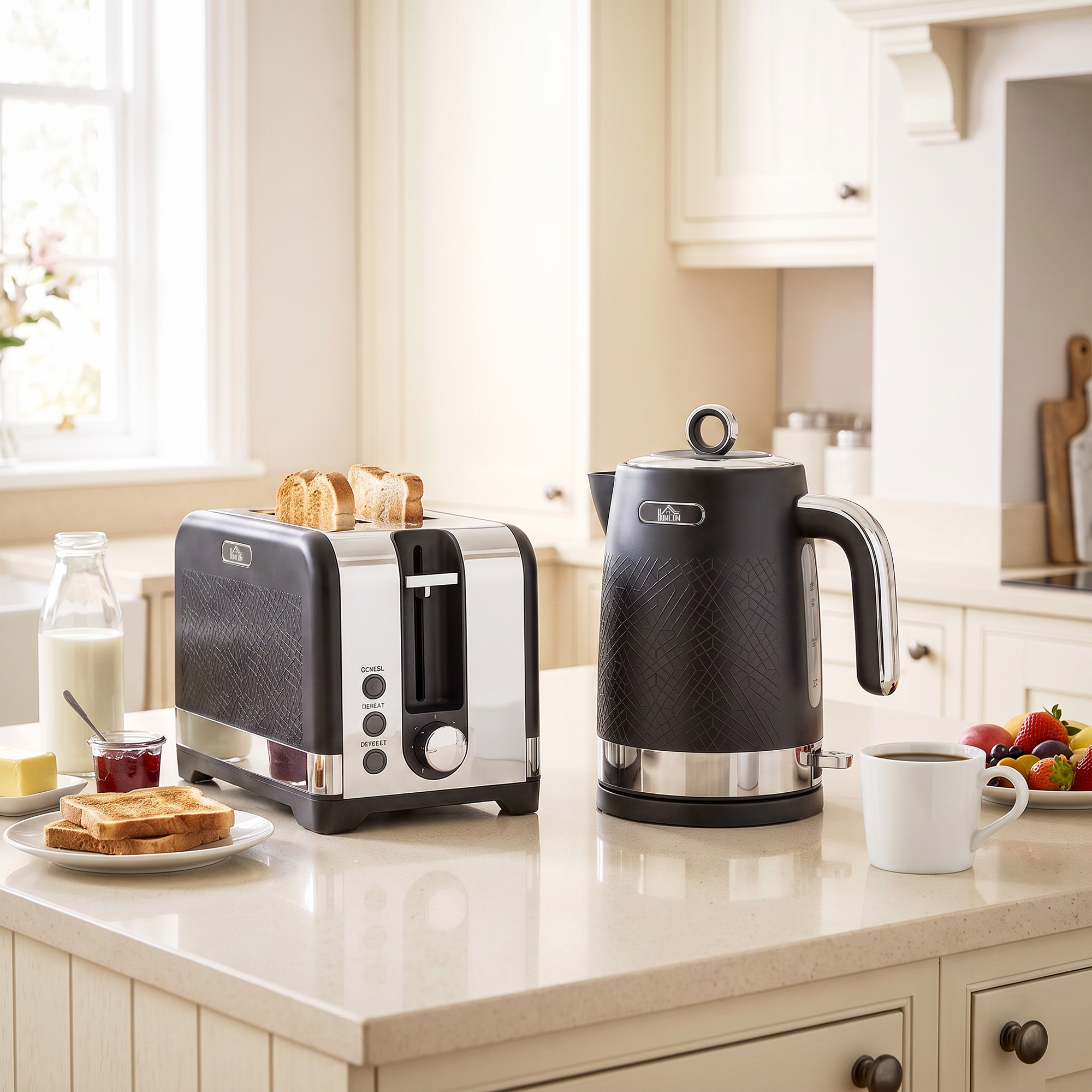 Wasserkocher- und Toaster-Set, 1,7 l 2200 W Schnellkoch-Wasserkocher mit Thermostat, 2-Scheiben-Toaster, Schwarz