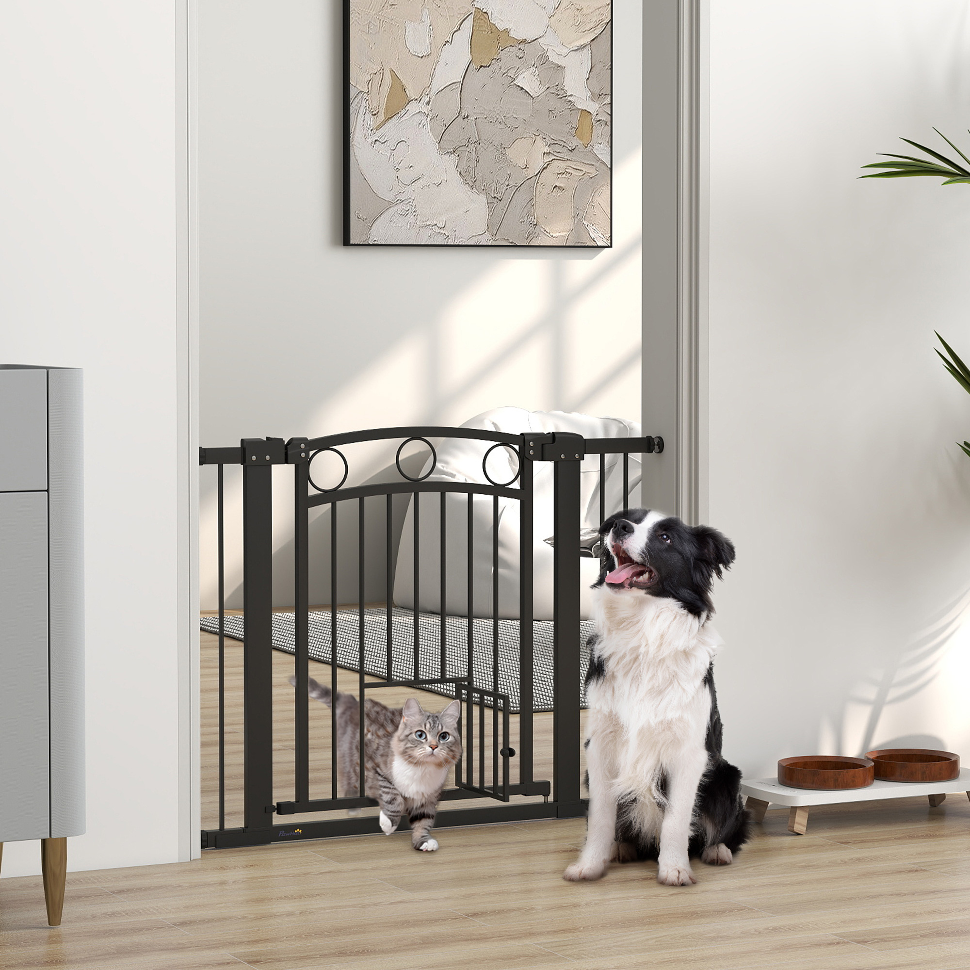 Haustiertor, 77 cm Treppengatter, verstellbare Breite 76-104 cm, mit Katzentür, für Treppen und Türöffnungen, Schwarz