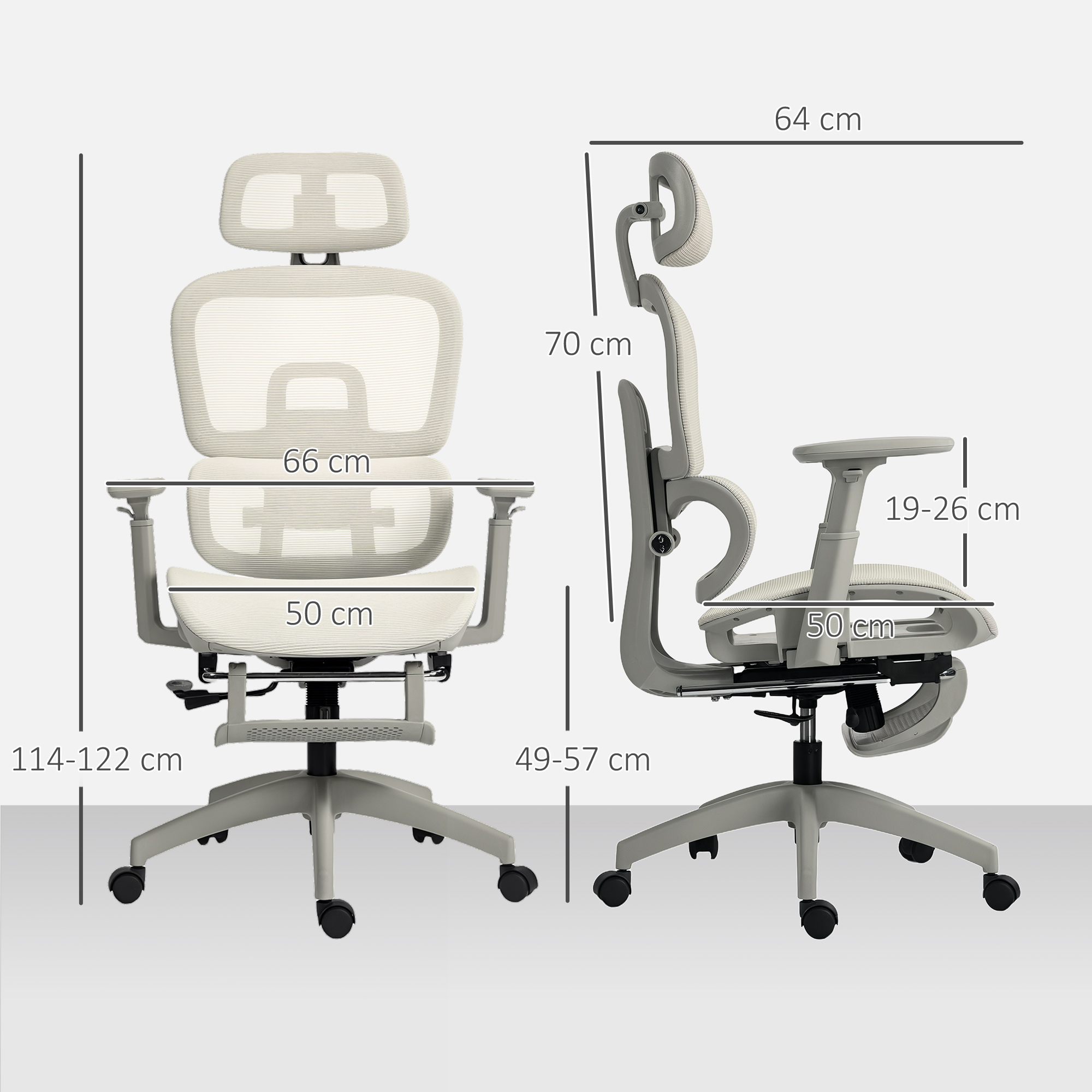 Bürostuhl, Ergonomischer Schreibtischstuhl mit Netzstoffbezug, verstellbar, rollbar, mit Armlehnen, Kopfstütze, Beige