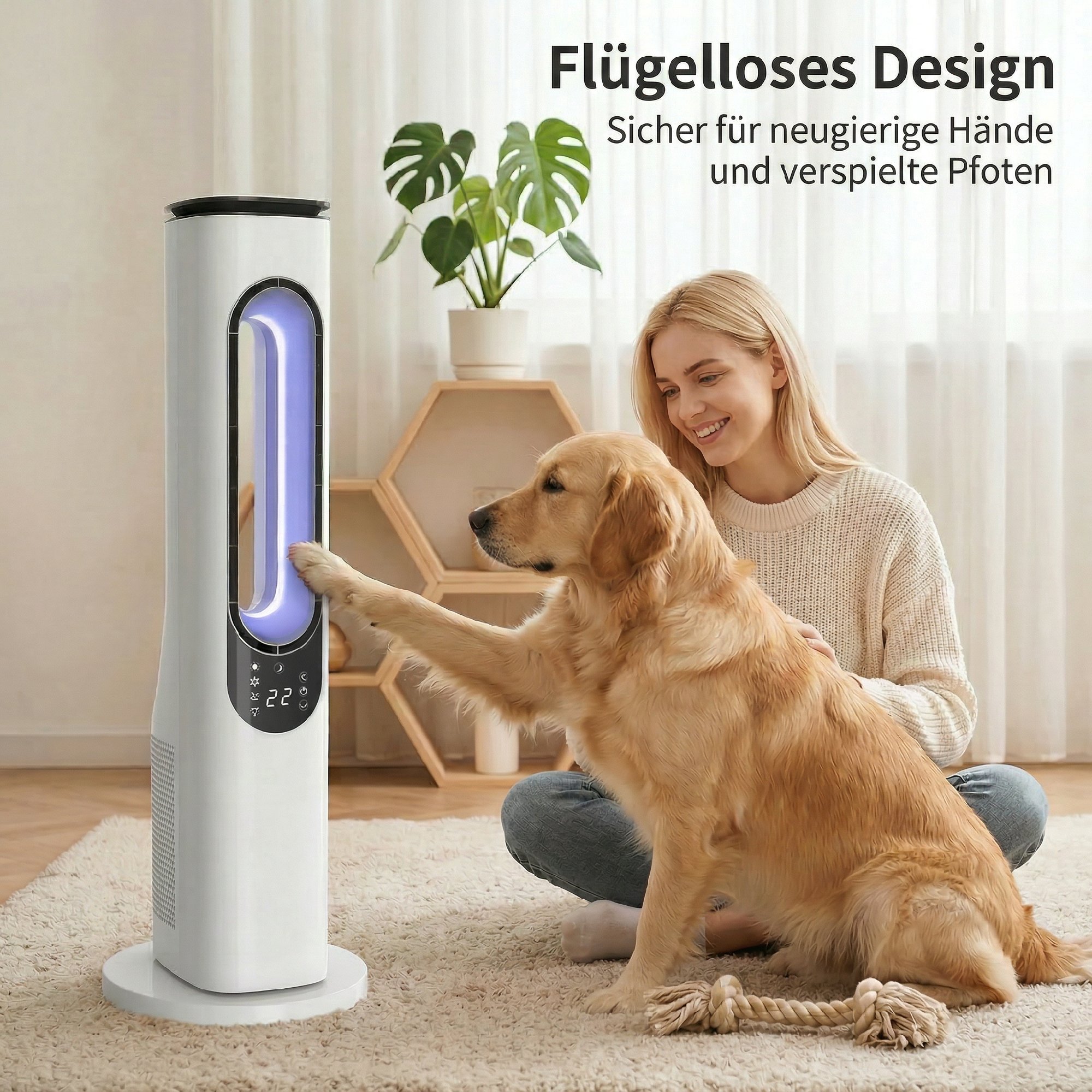 rotorloser Turmventilator für Schlafzimmer, 35 dB leiser Standventilator mit 50° Oszillation, LED-Leuchten, 3 Geschwindigkeiten, 15-Stunden-Timer, Weiß