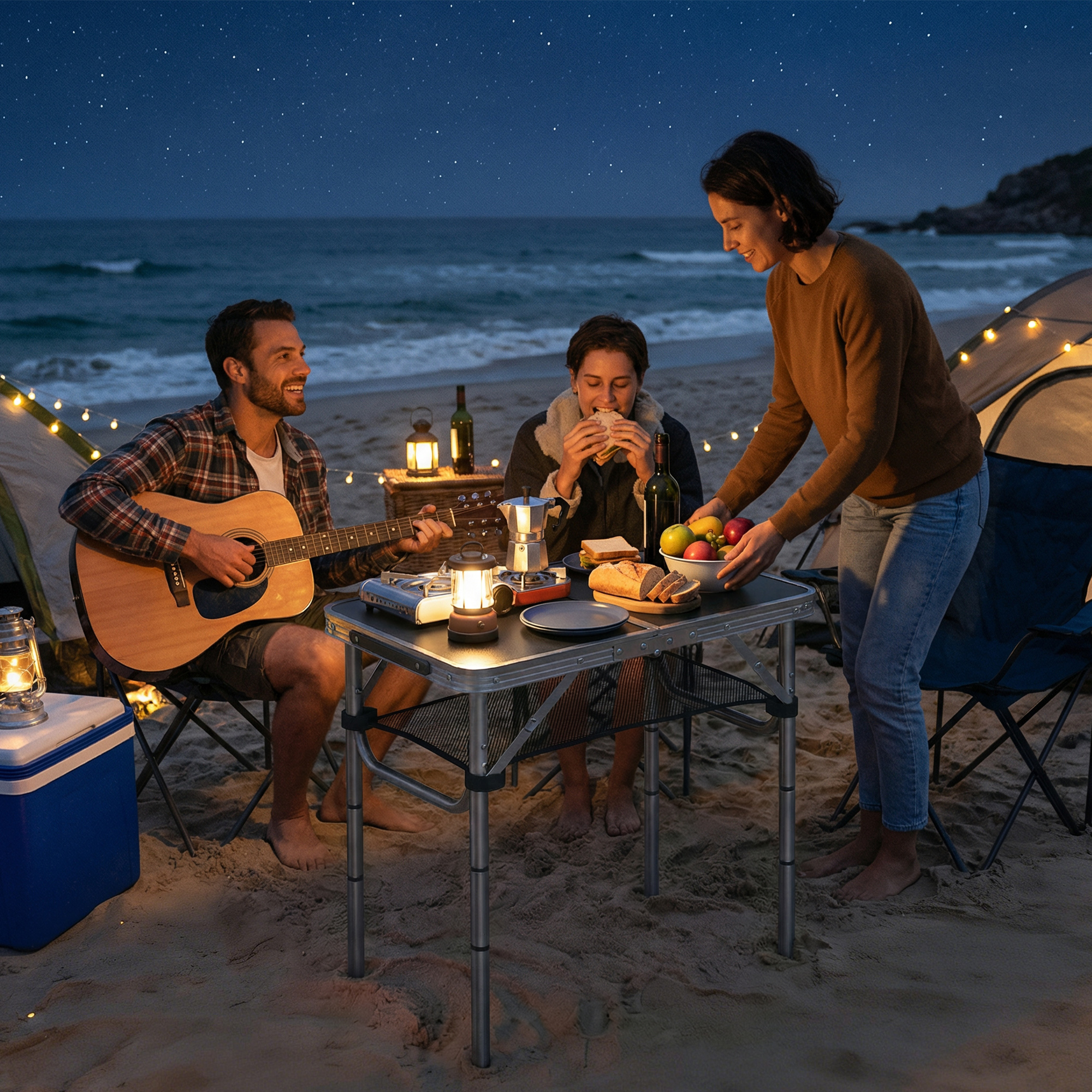 Campingtisch Klapptisch mit Netzfach, 4 Höhenverstellungen, Tragegriff Aluminium 60 x 40 x 26-60 cm Schwarz