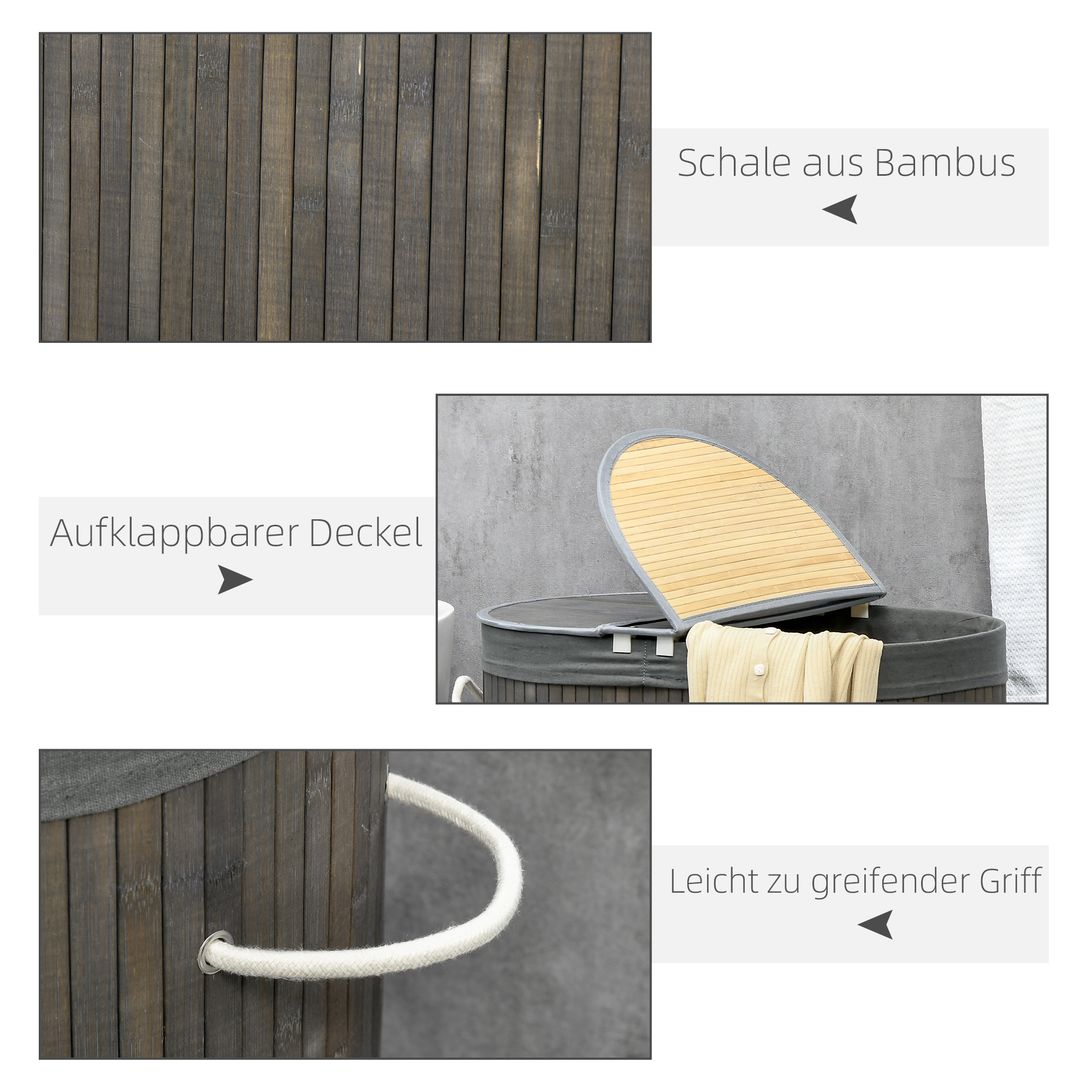 100 L Wäschekorb mit Deckel, Griff, 2 Abschnitte, herausnehmbarer Wäschesack, für Schlafzimmer, Badezimmer, Bambus, Grau