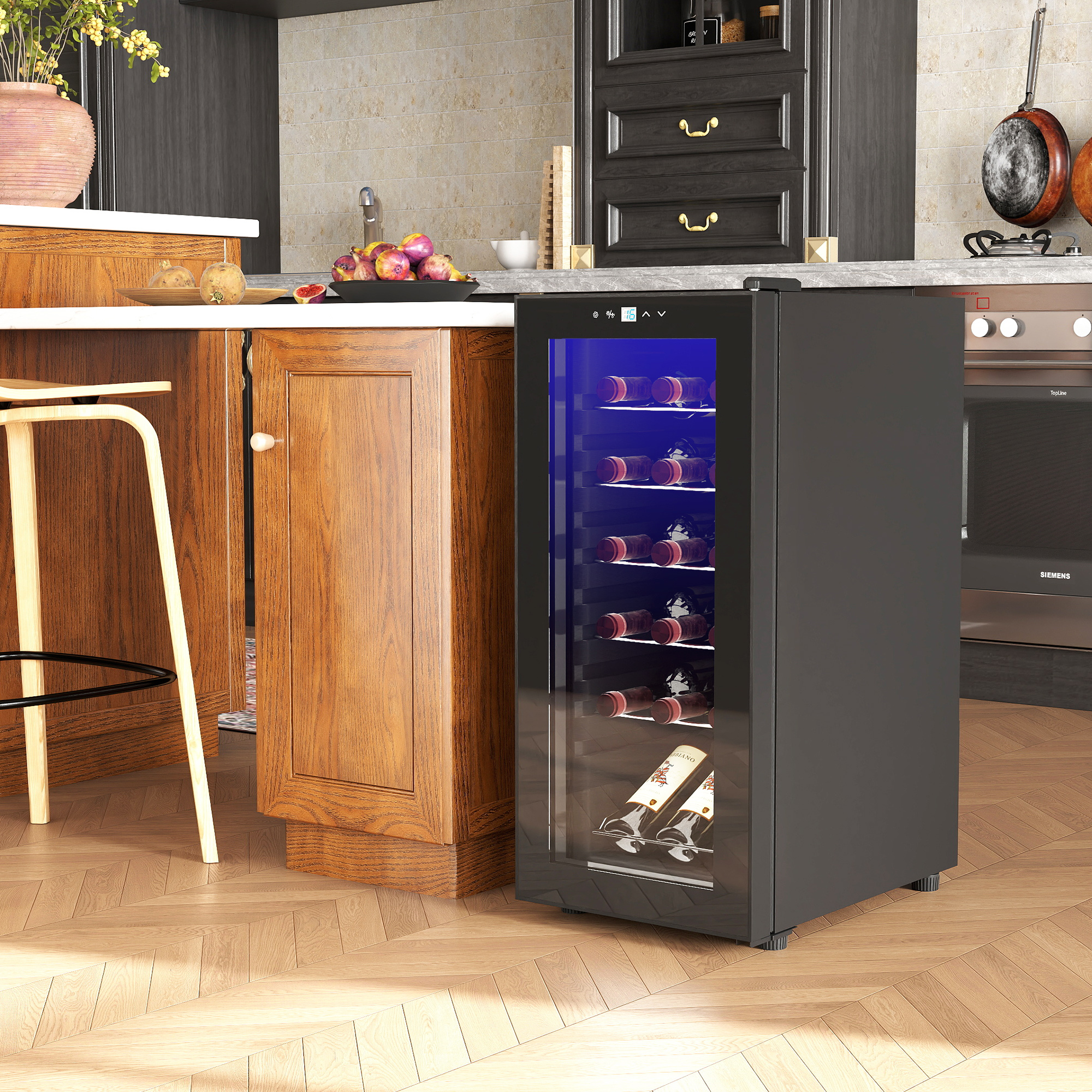 Weinkühlschrank, leise, 5-18°C, Touchscreen, Beleuchtung, 34,5x45x78cm, Schwarz