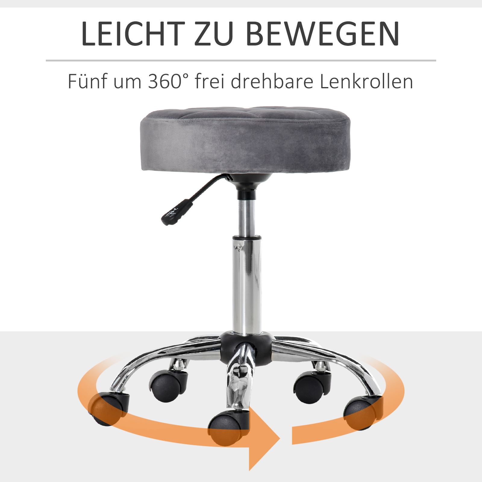 Salonstuhl mit Rädern Rollhocker höhenverstellbar drehbar Salon Hocker Samt-Touch Schaumstoff Chrom-Basis Hellgrau 35 x 35 x 49-61 cm