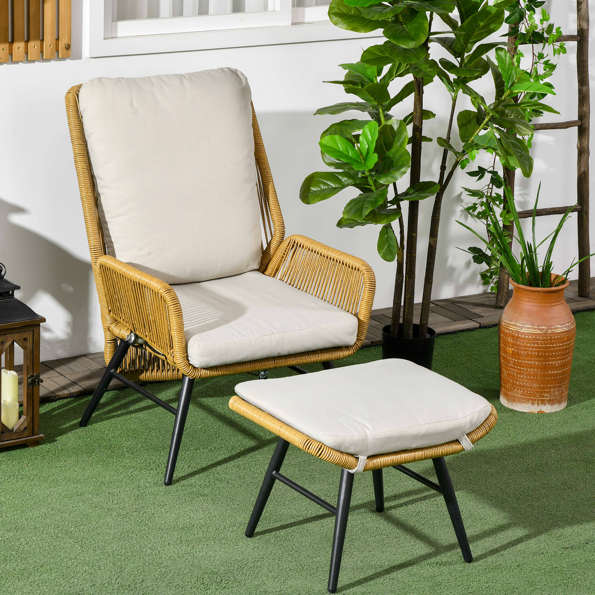 Polyrattan Gartenstuhl und Hocker, verstellbare Lehne, Hellbraun/Grau/Schwarz