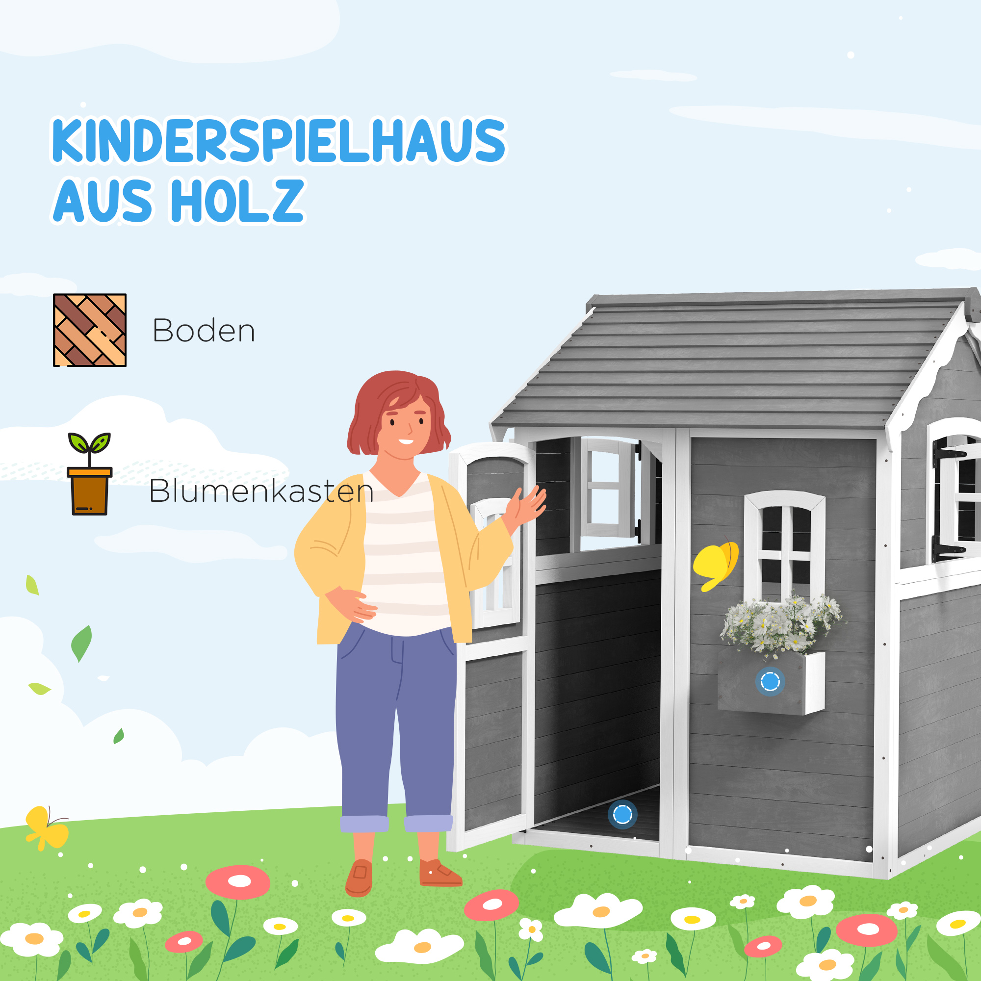 Spielhaus für Kinder, Indoor- und Outdoor-Haus mit Tür, Fenstern und Pflanzkasten, Tannenholz, Grau