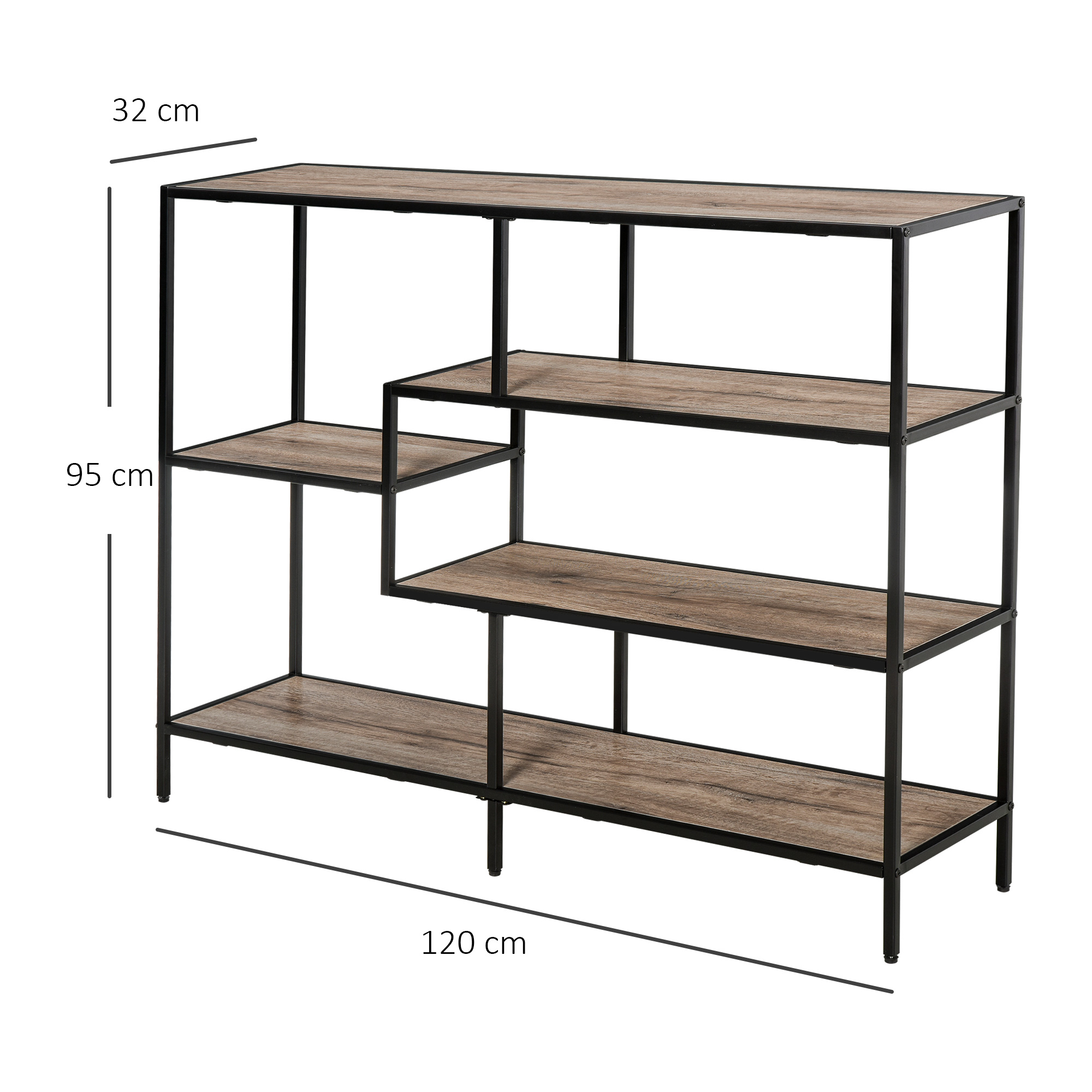 Standregal, Bücherregal Lagerregal Industrieller Stil, Aktenregal, Küchenregal, P2 Spanplatte, Metall, Schwarz+helle Eiche, 120 x 32 x 95 cm