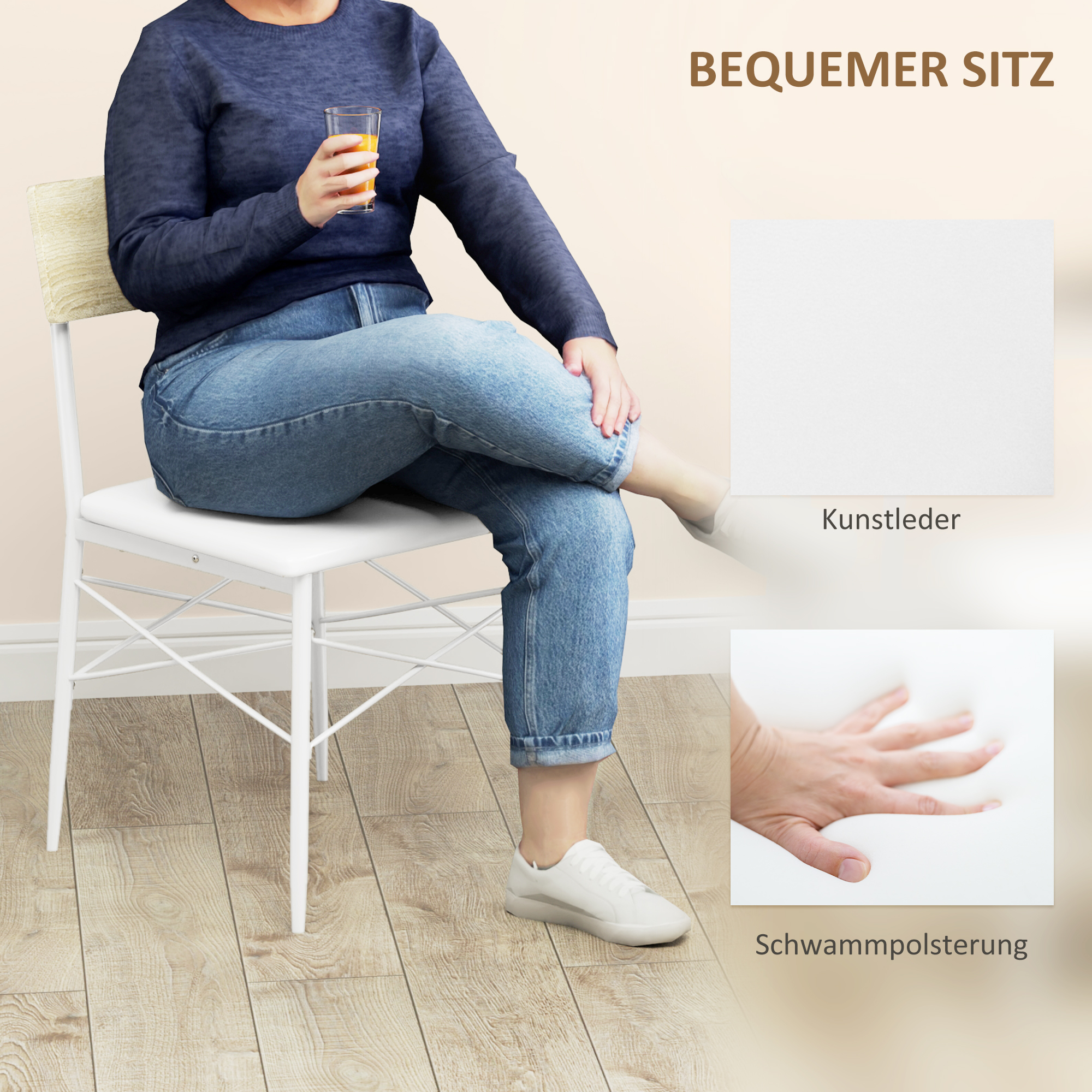 4-teiliges Esstisch-Set mit Stühlen und Bank für 4 Personen, gepolsterte Sitze, Stahlrahmen, Holz, Eiche