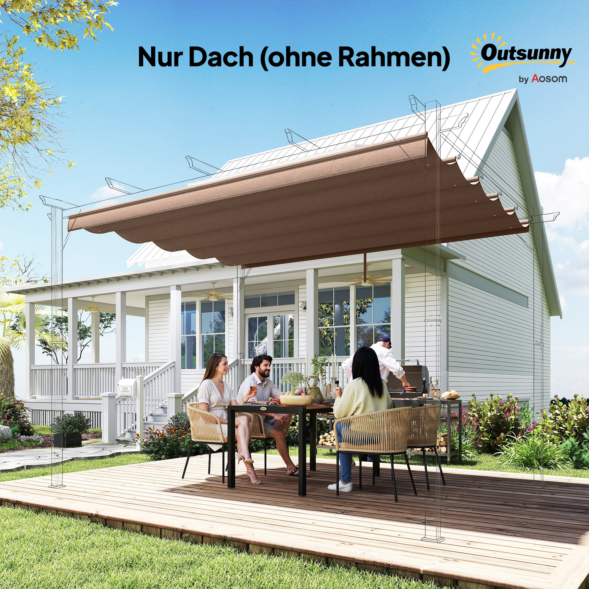 Ersatzdach für 4 x 3 m Pergola, einziehbar, mit Regenabflusslöchern, wetterfest, Polyester, Kaffee