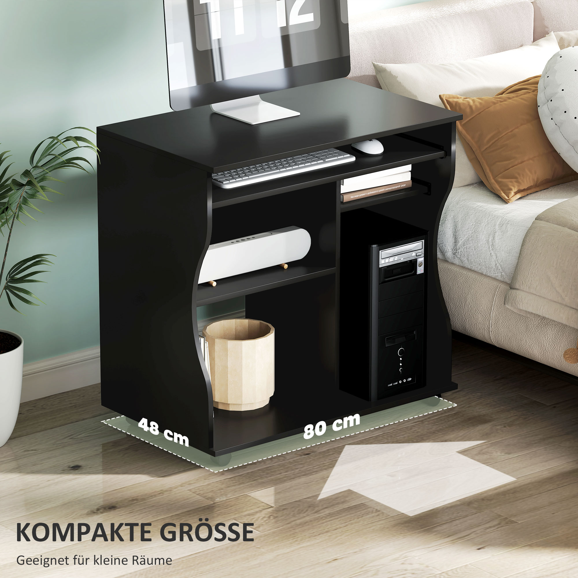 Computertisch mit Rollen, Schreibtisch mit Stauraum, 80 x 48 x 75 cm, Schwarz