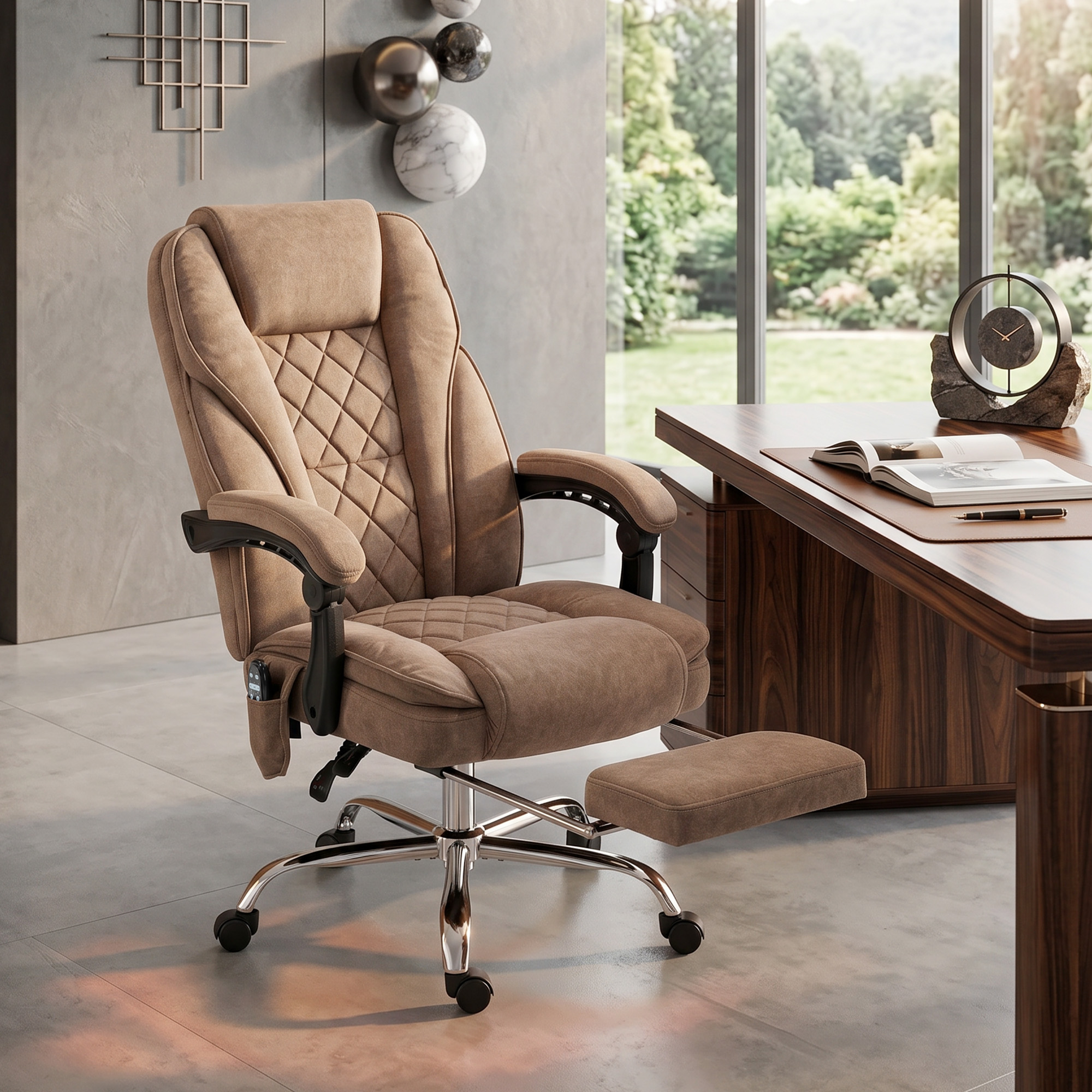 Ergonomischer Bürostuhl mit Massagefunktion, Fußstütze, drehbar, rollbar, Braun