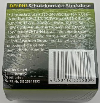 DELPHI Schutzkontakt-Steckdose, silber, 230V~/ 16A, Unterputz, USB-C / PD