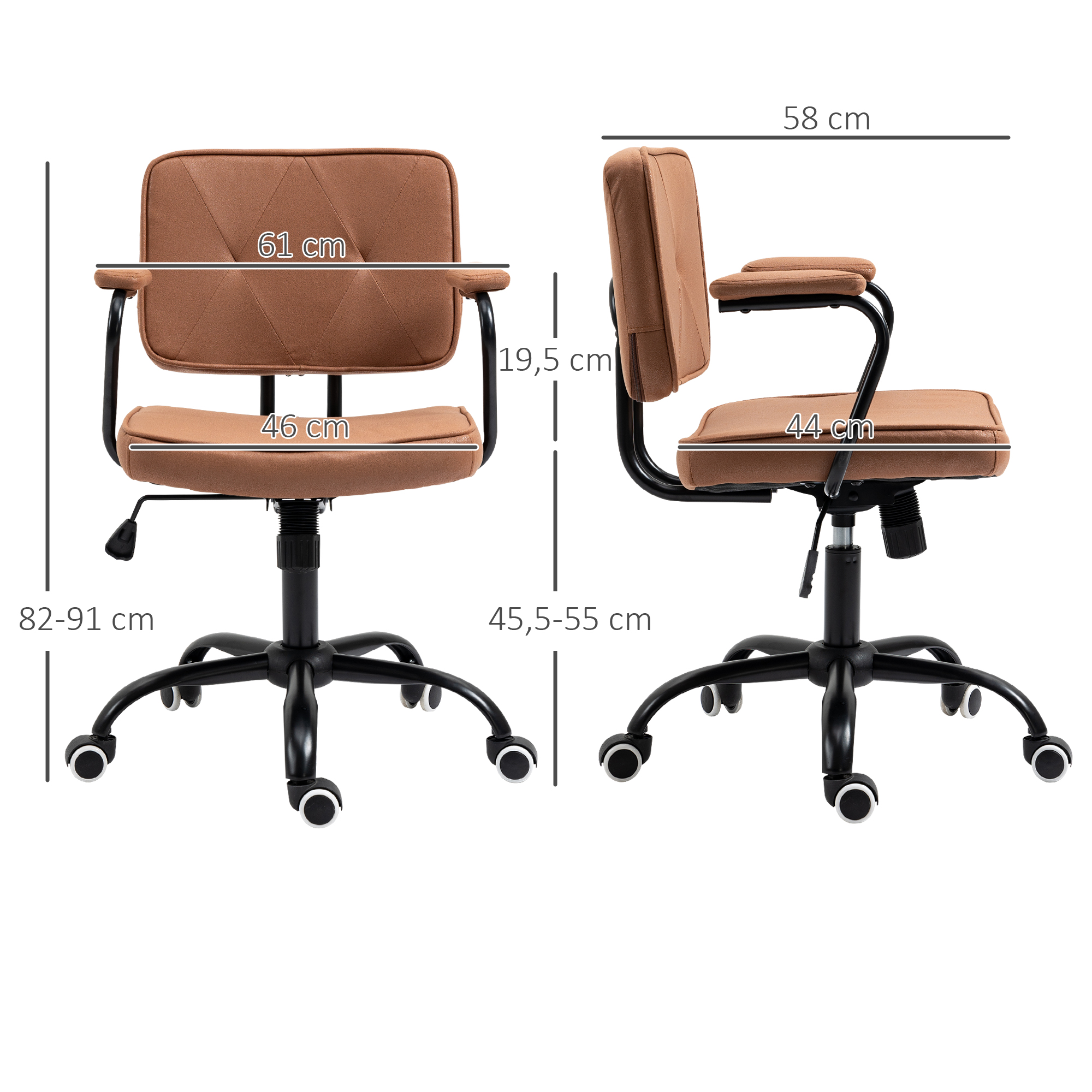 Bürostuhl mit Rollen Drehstuhl Schreibtischstuhl für Büro höhenverstellbar mit Wippfunktion 360°-Drehung neigbar Schaumstoff Braun 61 x 58 x 82-91 cm