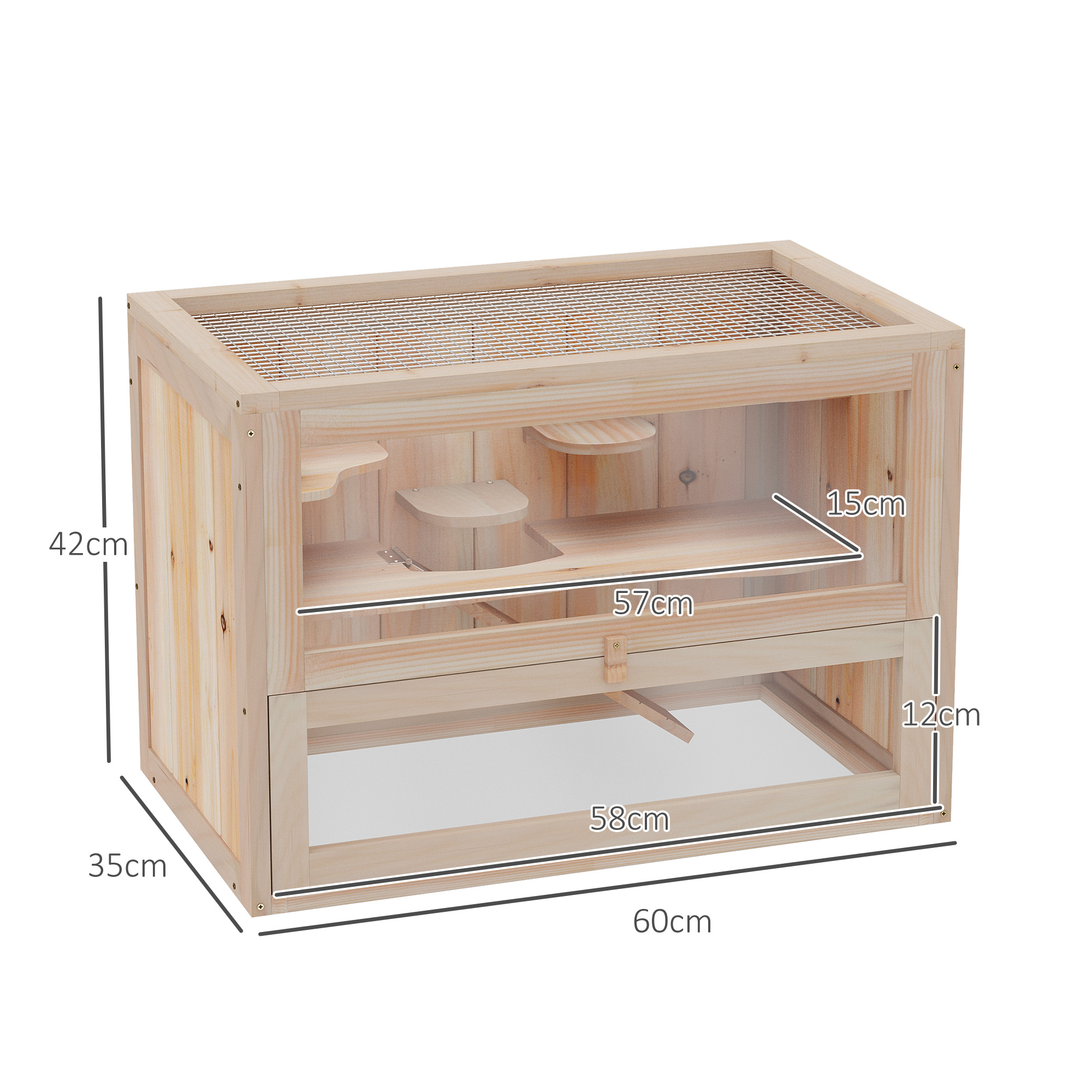 Hamsterkäfig aus Holz 2 Etagen 60 x 35 x 42 cm Nagerkäfig Kleintierkäfig mit aufklappbarem Gitterdach Trinkflasche Rampe Wippe Fütterungsstation Mäusekäfig für Zwerghamster Naturholz