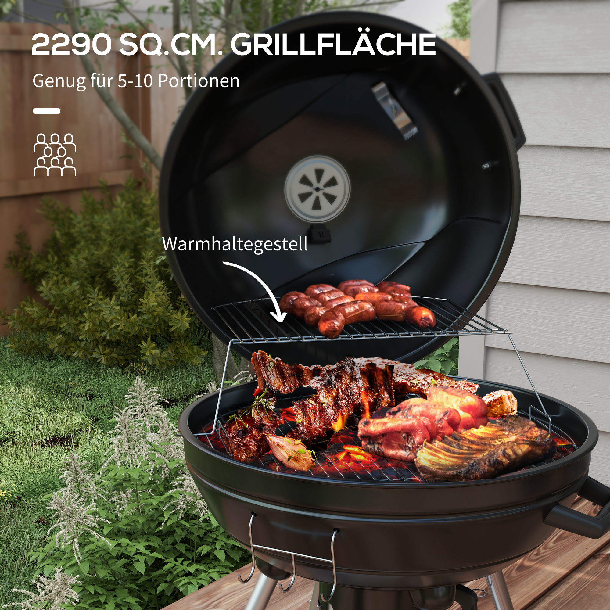Kugelgrill, Ø54 cm Grillrost, Warmhalterost, Ablage, Aschefach, Thermometer, 55 x 65 x 89 cm, Schwarz