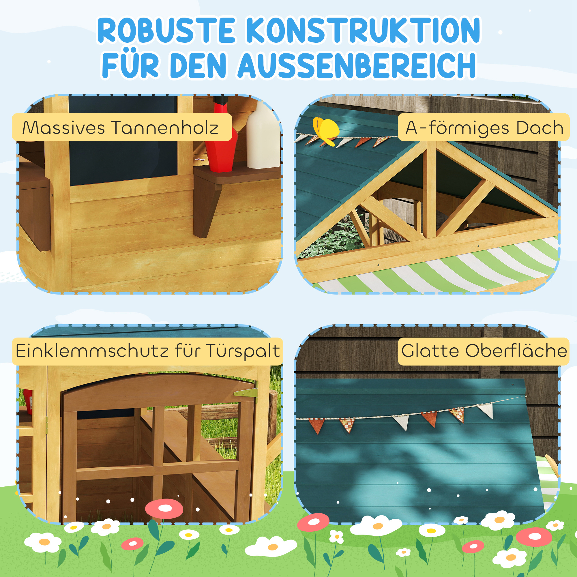 Kinderspielhaus aus Tannenholz, Faltbares Häuschen mit Fenstern, Tür, für Kinder im Alter von 3-8 Jahren, Braun+Blau