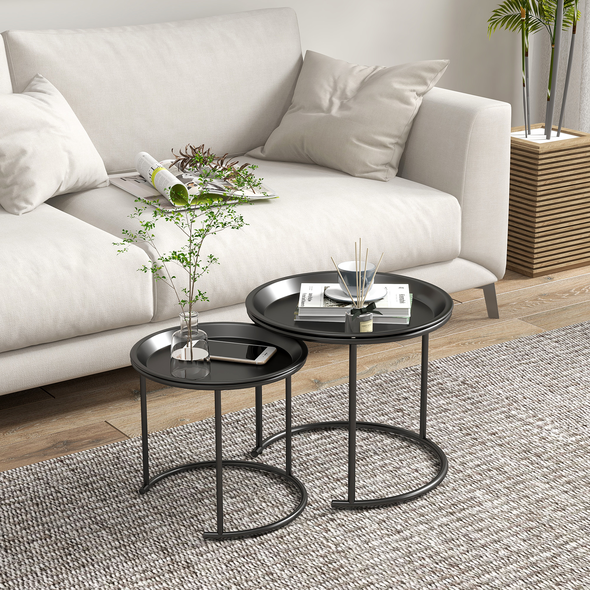 2er-Set Beistelltische aus Metall, ineinander verschiebbar, Tischplatten als Tabletts verwendbar, Schwarz