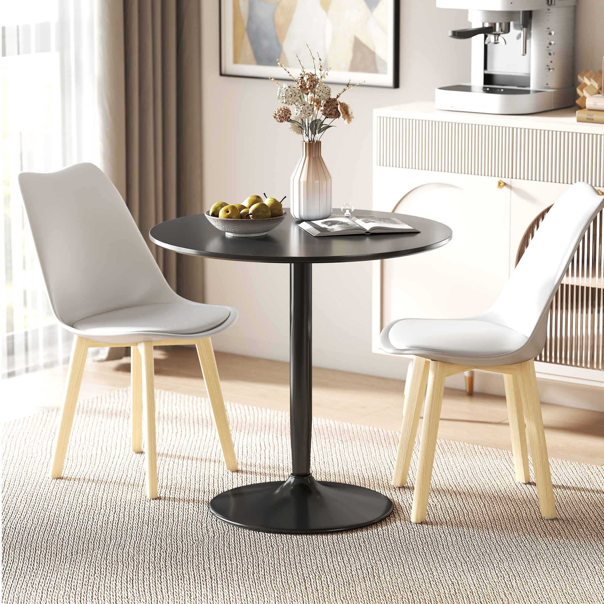 Esstisch für 2 Personen, runde Tischplatte Ø80 cm, MDF und Stahl, rutschfest, Schwarz, 75H cm