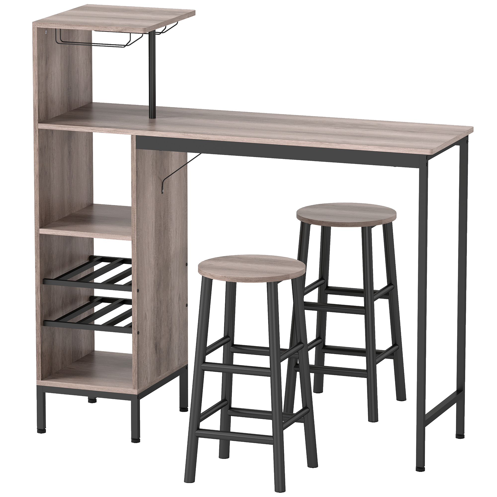 3-tlg. Bartisch-Set mit Stauraum, Weinregalen, Glashaltern, Hockern mit Fußstütze, für kleine Räume, Grau