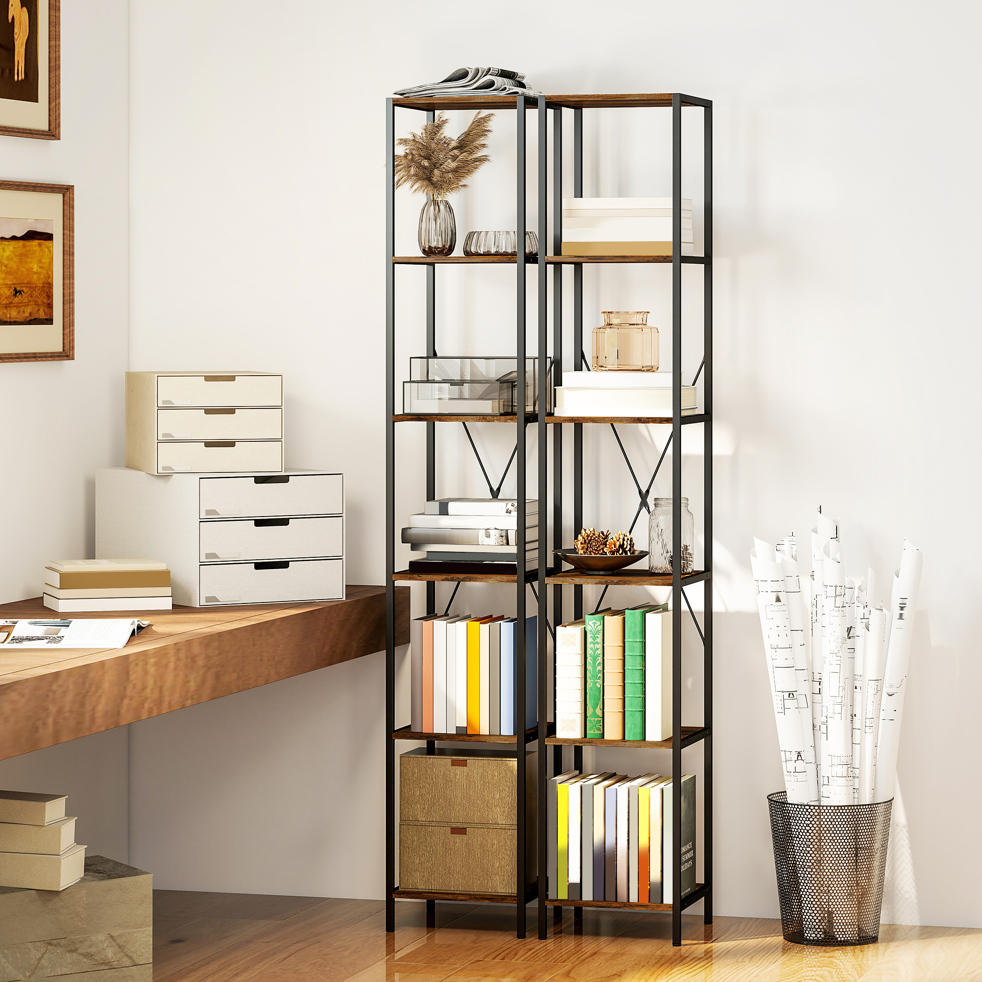 2er-Set 6-Ebenen-Bücherregal, Stahlrahmen, für Wohnzimmer, Büro, Schlafzimmer, Rustikal-Braun