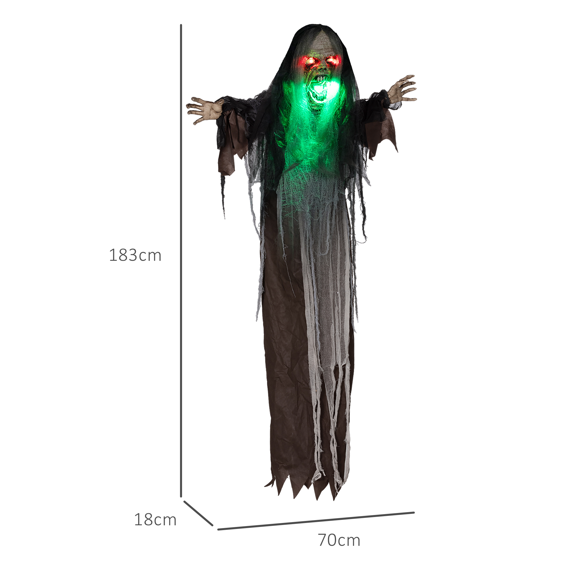 Grünes Monster, Helloweendeko, gruselige Soundeffekte, rote Augen, beweglich, 183 cm
