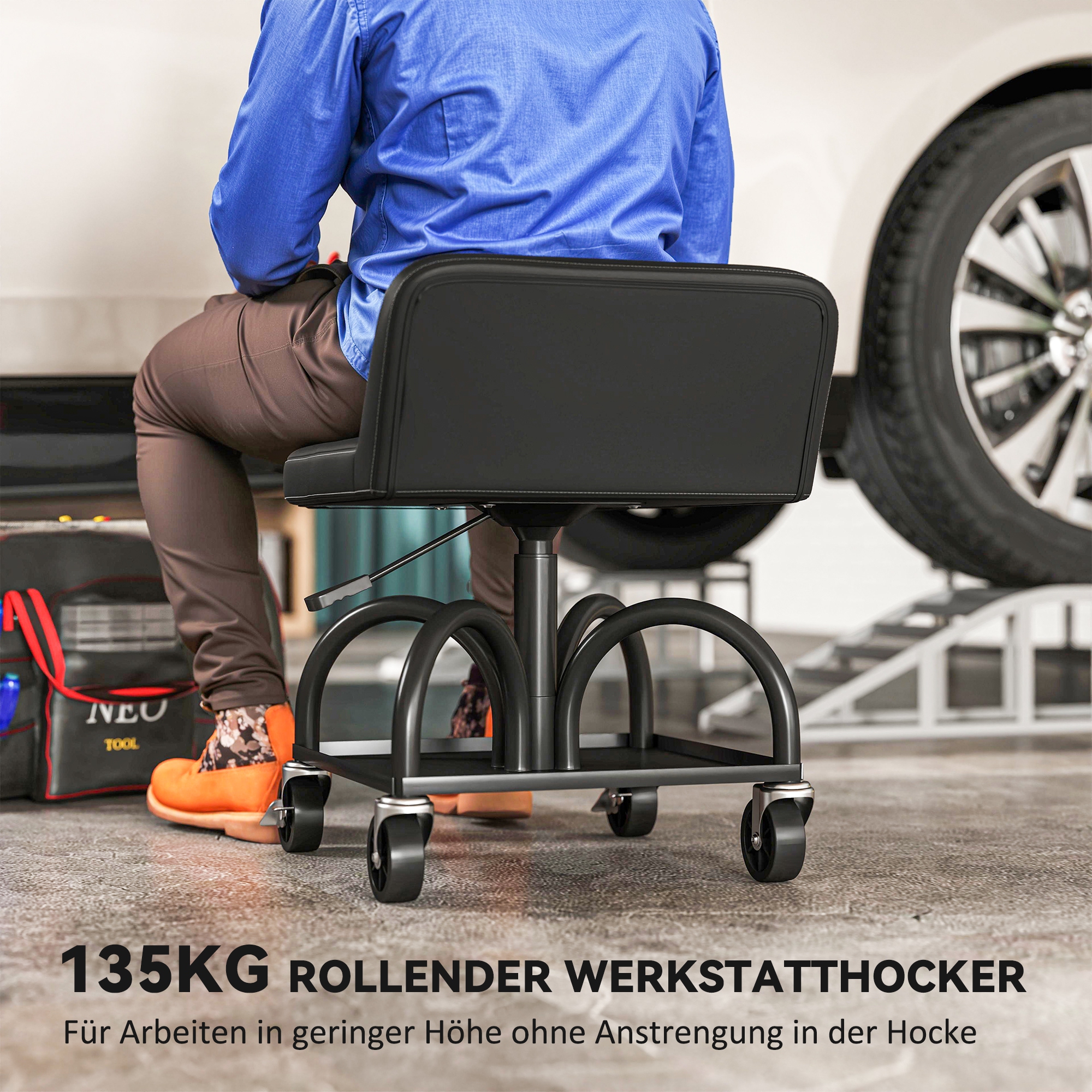 Werkstatthocker mit Rollen Ablagefläche, 58,5 cm hoch Rollhocker bis 135 kg belastbar Schwarz