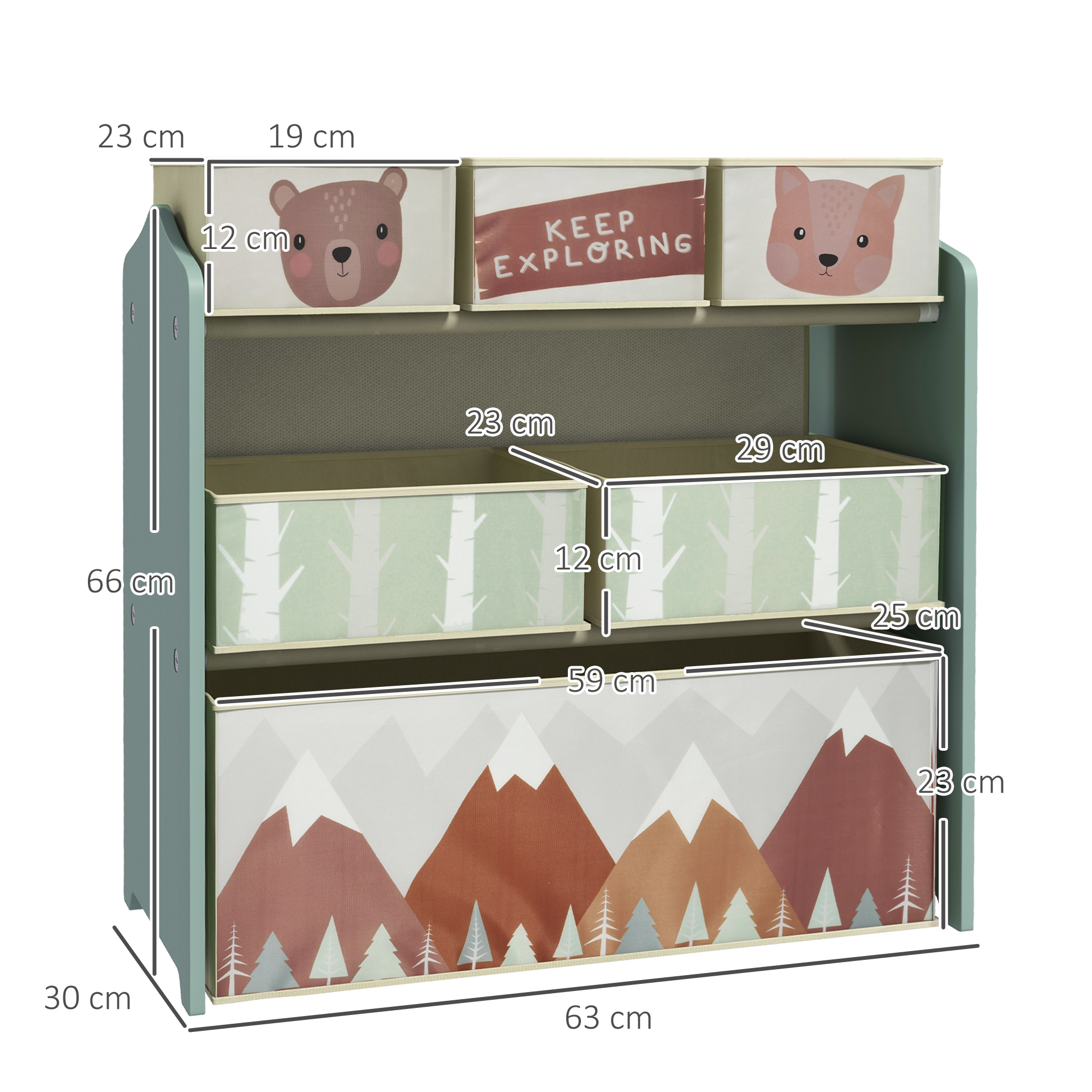 Kinderschrank mit 6 Stoffboxen, niedliches Motiv, 63x30x66 cm, Grün