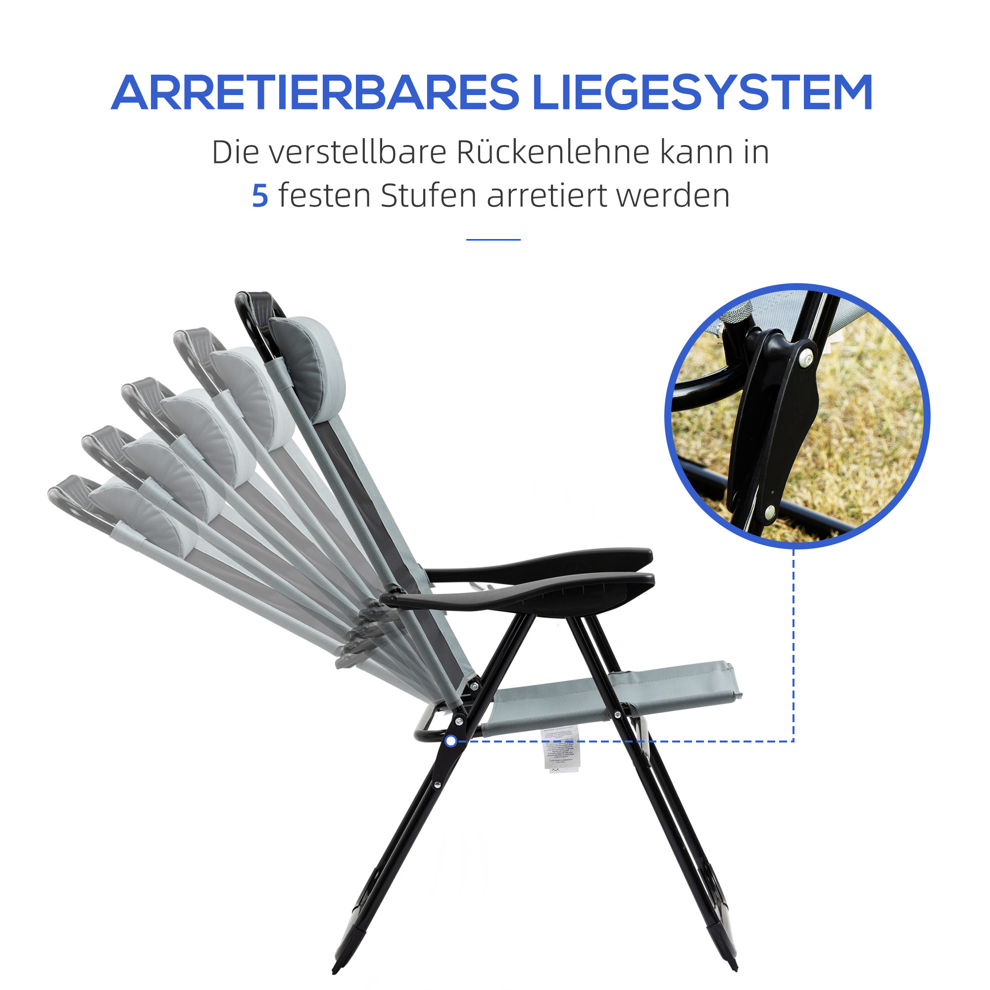 Klappstuhl 2er-Set, Klappliege, wetterfest, 5-fach verstellbare Rückenlehne, Metallgestell, Grau