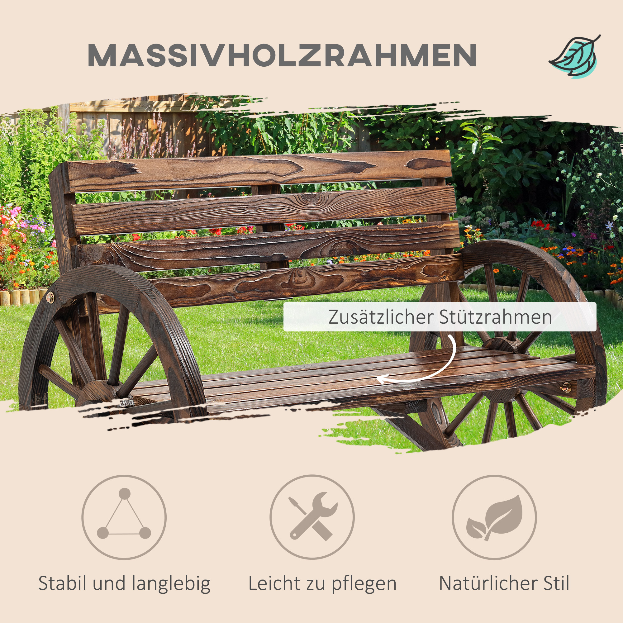 Gartenbank, Wagenrad-Design, für 2 Personen, Naturholz, dunkelbraun, 105,5 x 56 x 79cm