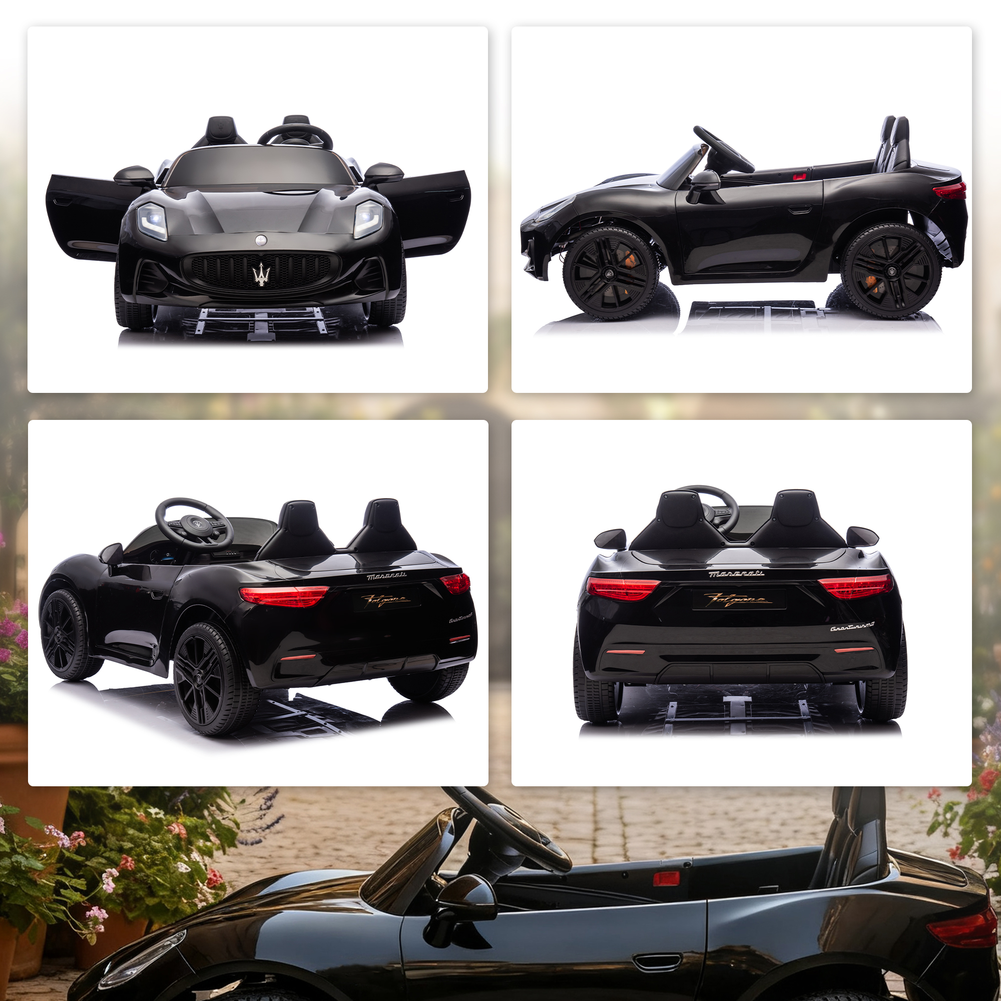 Maserati Elektroauto für Kinder, 2-Sitzer, 12V Batteriebetrieb, Fernbedienung, LED-Lichter, Musikfunktion, Schwarz