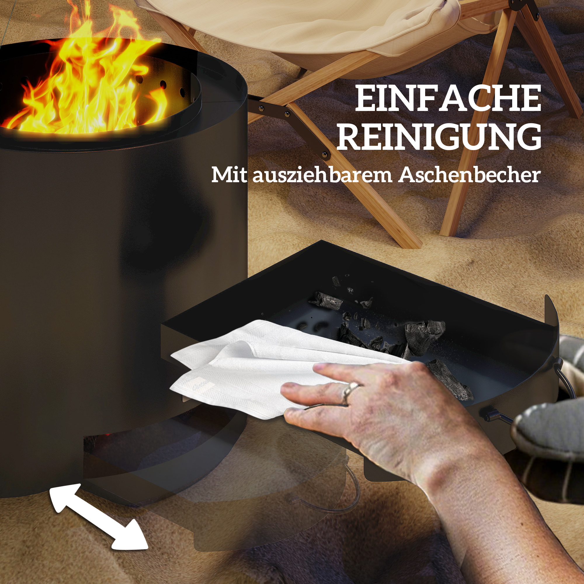 Feuerschale Ø45x42cm aus Edelstahl Feuerstelle mit Schürhaken Aschenwanne Schwarz