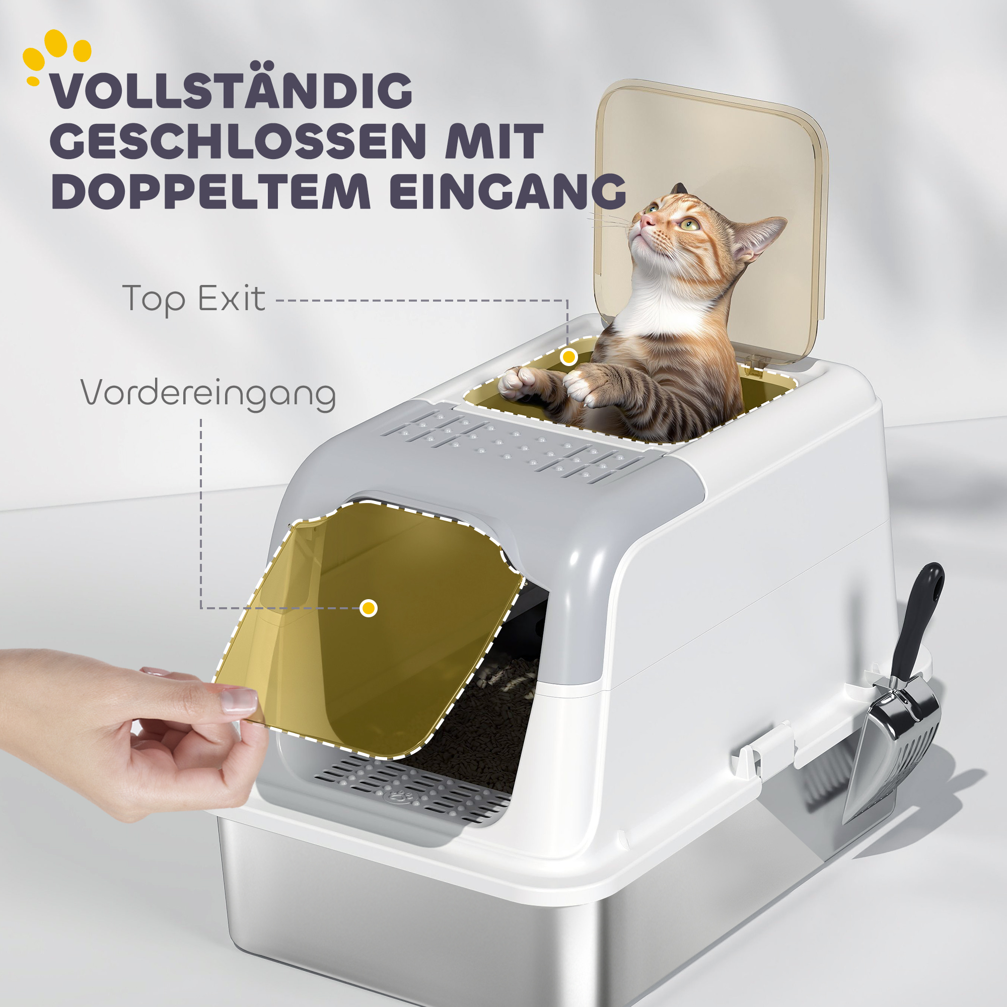 Katzenklo, Katzentoilette mit Deckel, Streuschaufel, vorne Eingang und ober Ausgang Edelstahl bis 7 kg
