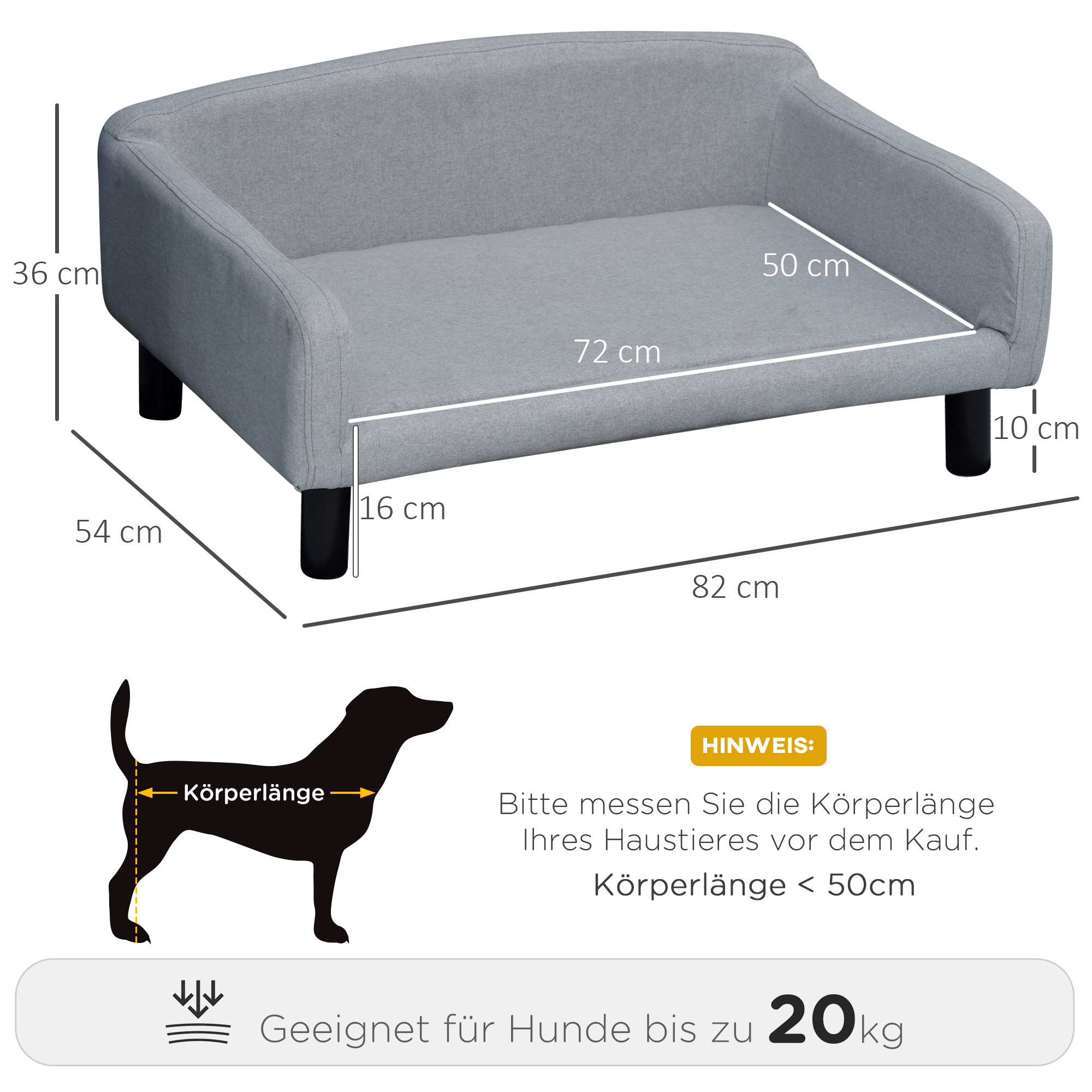 Hundesofa Hundebett Hundecouch aus Samt mit Rückenlehne, Holzbeine, Katzensofa für mittle Hunde 82 x 54 x 36 cm Hellgrau