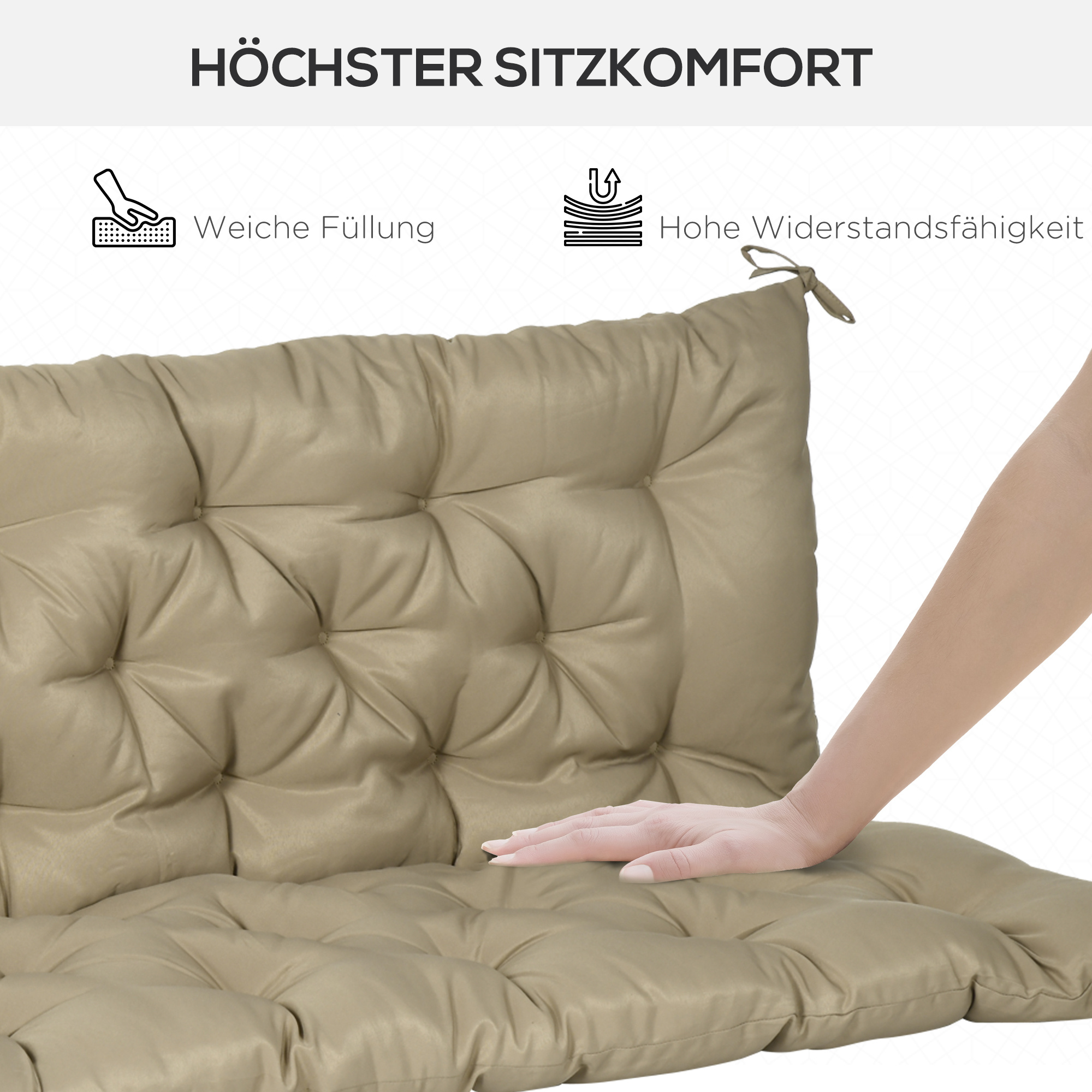 3 Sitzer Bankauflage 150x98x8 cm Bankkissen mit Bändern, Bankpolster für Gartenmöbel Hollywoodschaukel, Khaki