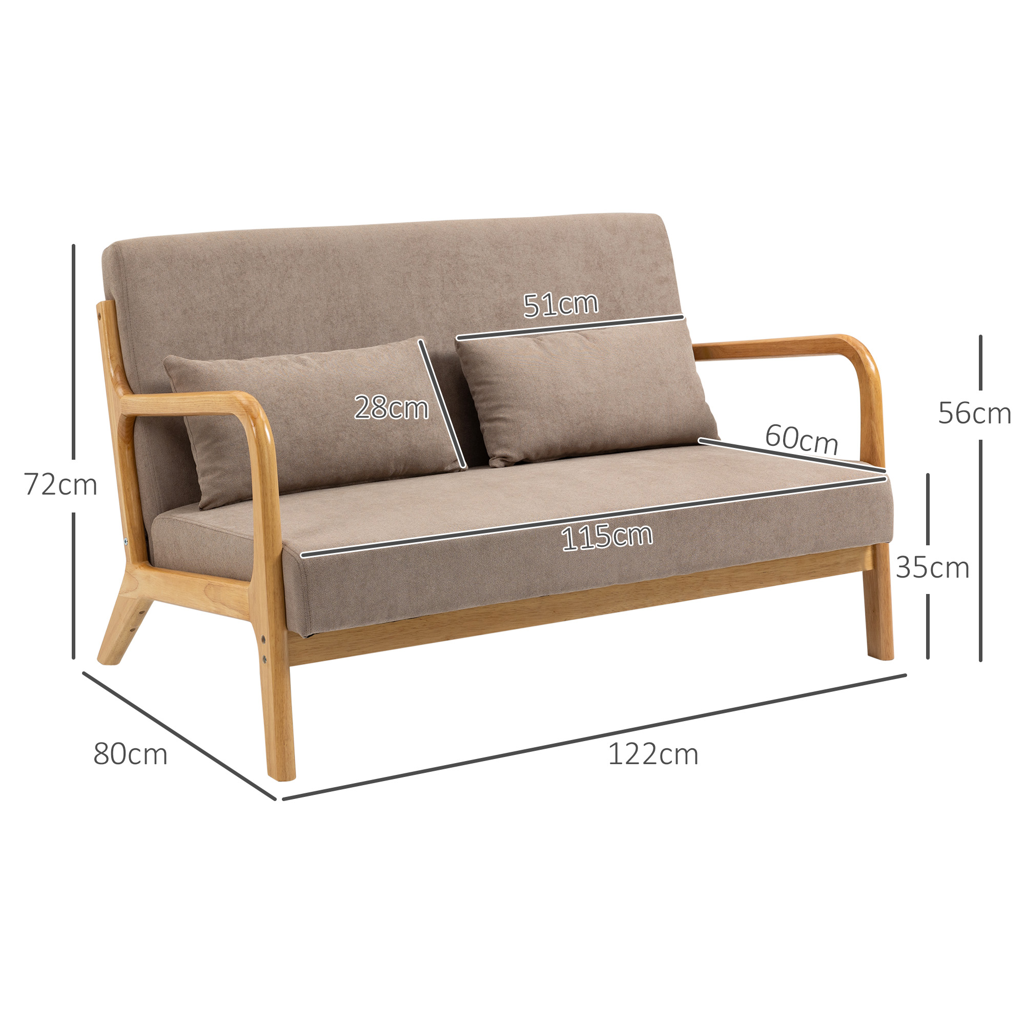 2-er Sofa, 2-Sitzer, kleines Sofa, Retrodesign, 2 Kissen, Kautschukholz, Braun + Natur